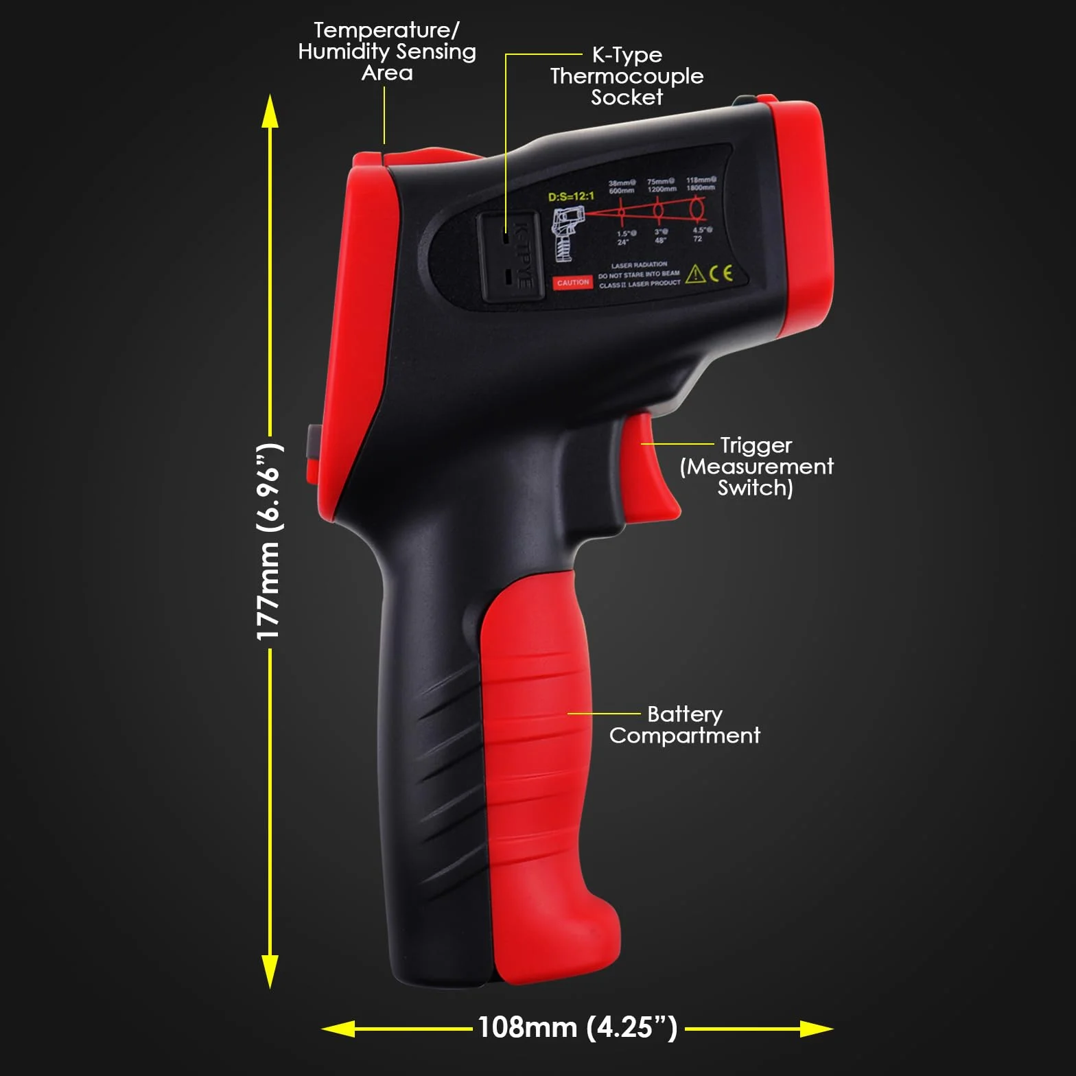 Termometro a infrarossi laser professionale -50°C a 850°C con termocoppia a pinza tipo K, senza contatto per temperatura in cucina, HVAC, industria