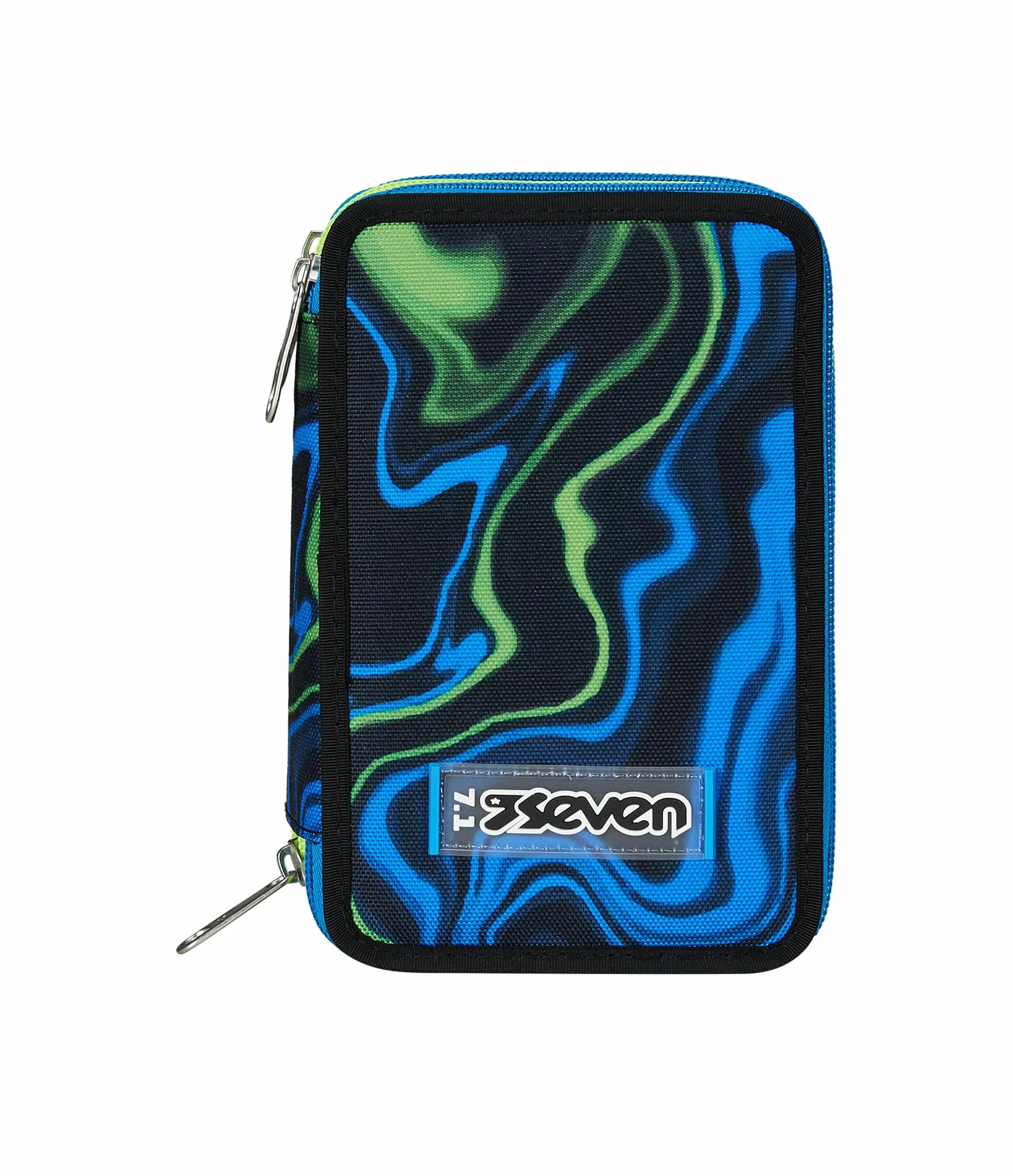 Seven Astuccio Scuola Elementare, 3 scomparti, Medie, con Matite, Pennarelli, Penne, 3 Zip, Uneven Line, Bambino e Ragazzo, blu