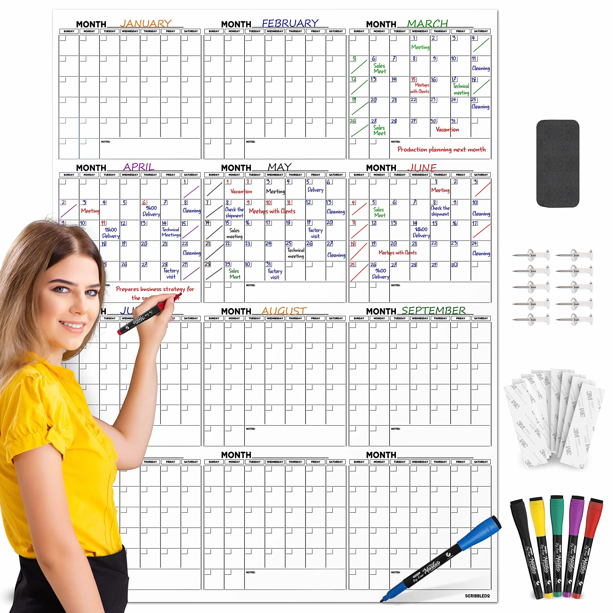 Grande calendario da parete cancellabile a secco 91,4 x 121,9 cm, calendario da parete 2024 annuale mensile, include 6 pennarelli, cancellino e nastro di montaggio