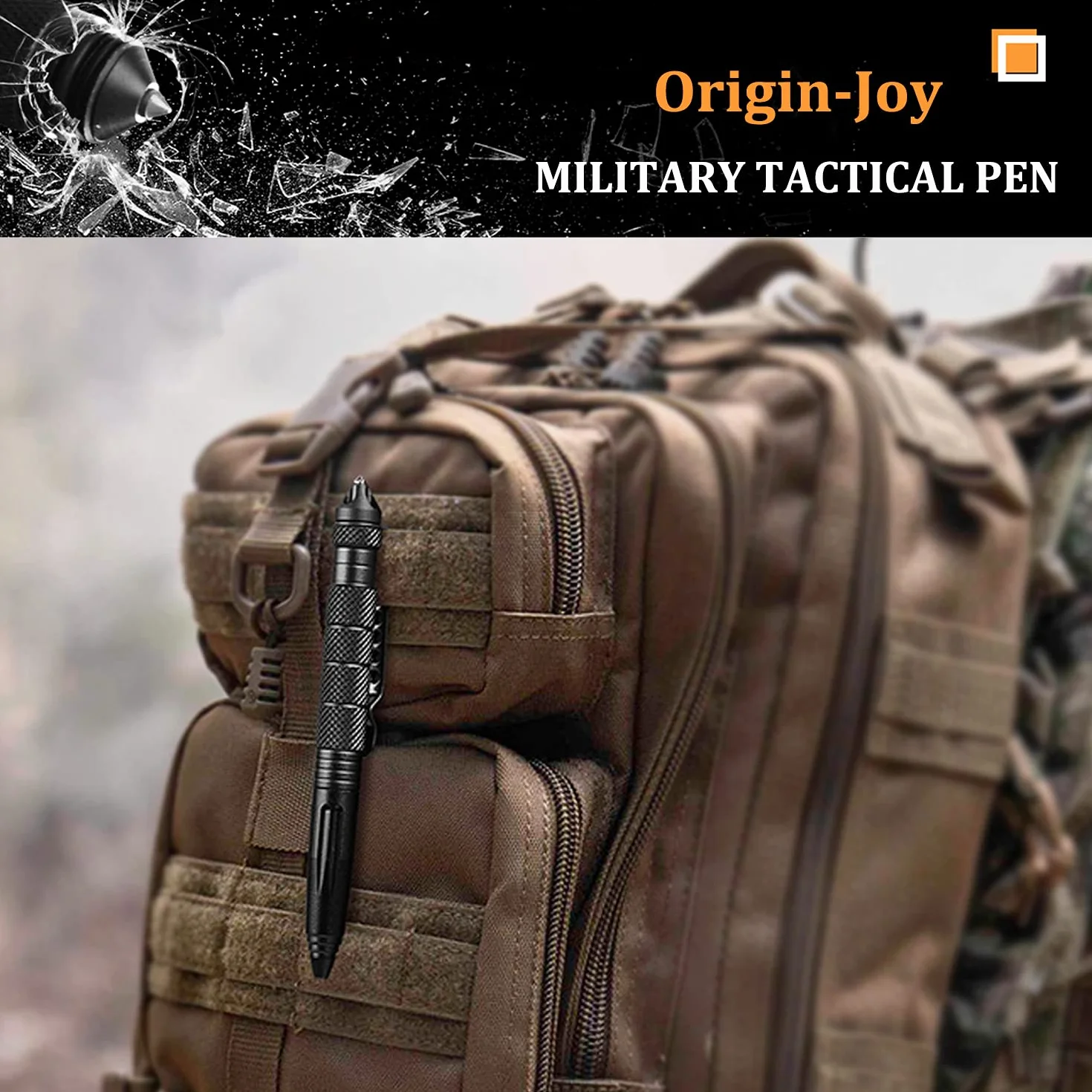 Origin-Joy Penna tattica militare in acciaio al tungsteno, in confezione regalo, strumento di emergenza per autodifesa, con 8 ricariche (nero)