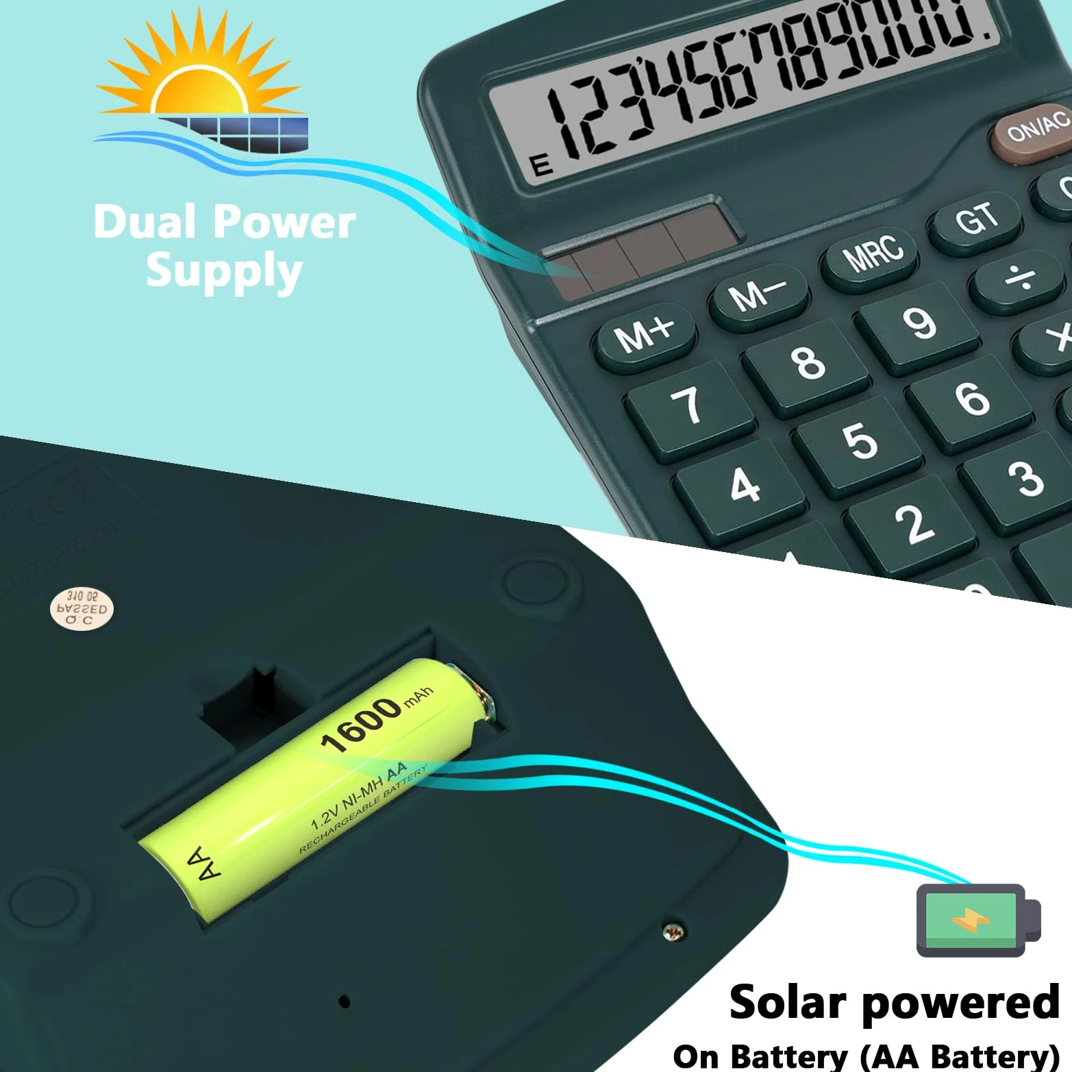 Calcolatrice da tavolo verde scuro con pulsanti grandi, doppia fonte di alimentazione, solare e batteria, grande schermo di visualizzazione, perfetta per ufficio, insegnanti e studenti (verde
