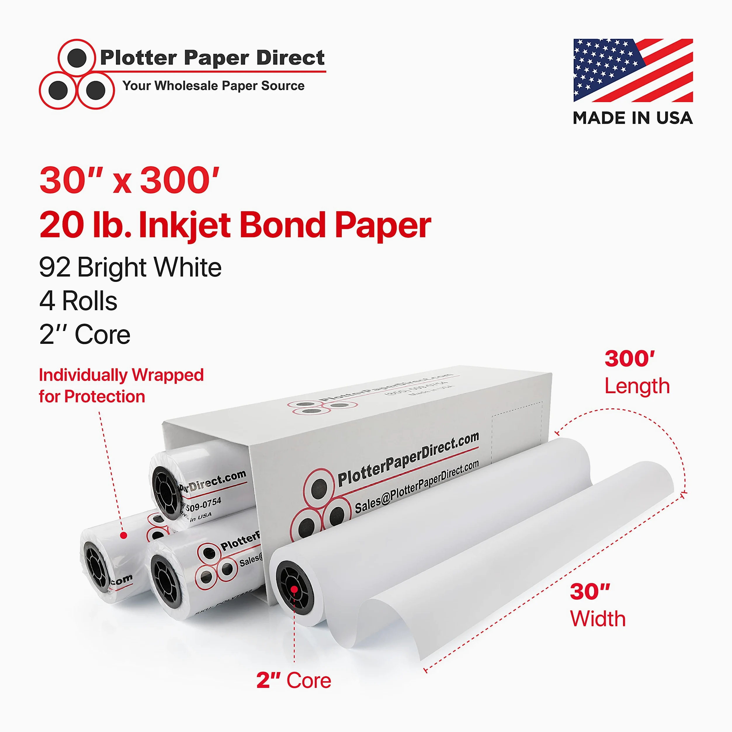 Plotter Paper Direct Rotolo di carta non patinata per stampanti a getto d'inchiostro, 9,1 kg, 4 rotoli, 76 cm x 90 m, nucleo 5,1 cm