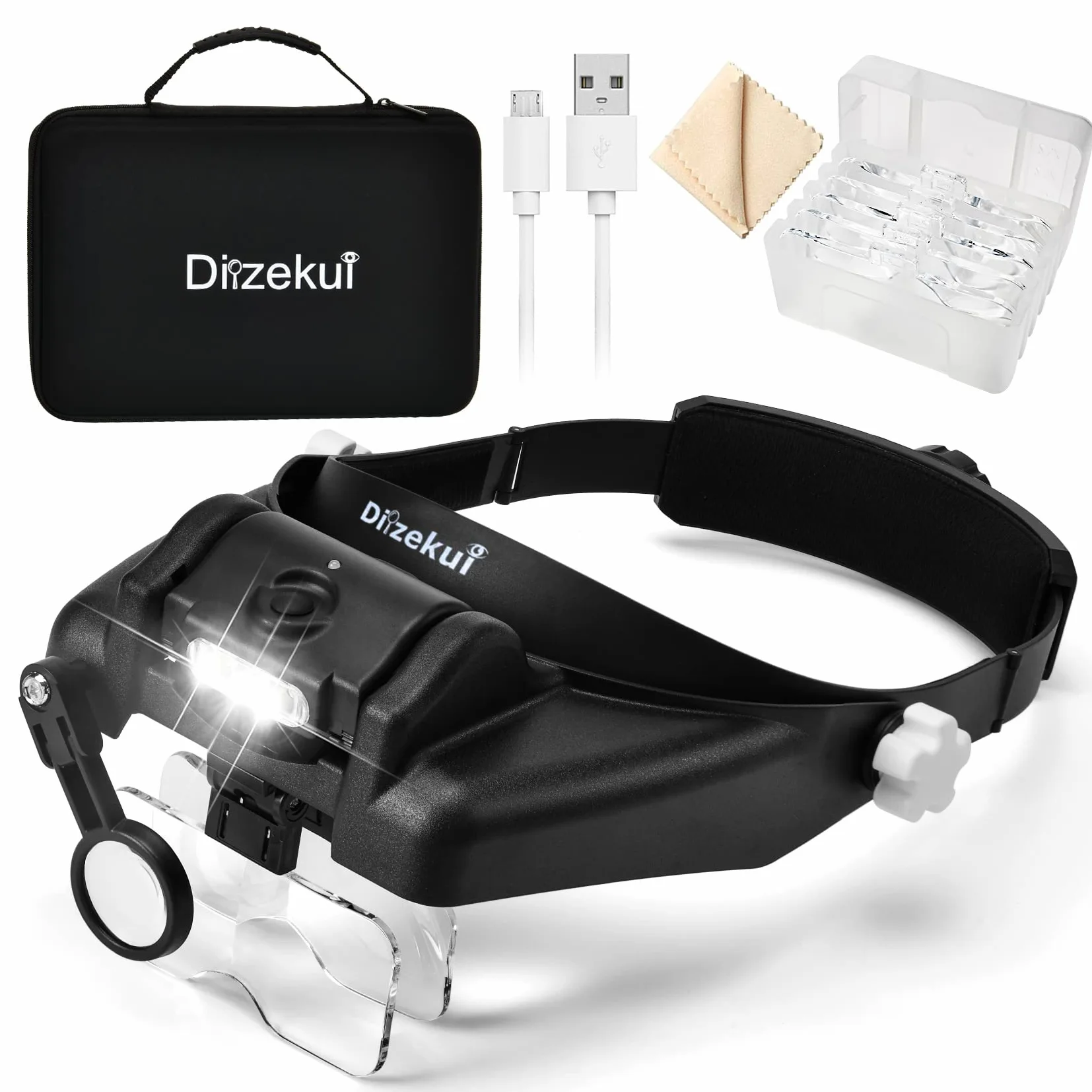 Dilzekui Lente d'ingrandimento con luce LED, ricaricabile nera, lente d'ingrandimento con 6 lenti staccabili, custodia per il trasporto, lenti di ingrandimento a mani libere per lavori ravvicinati