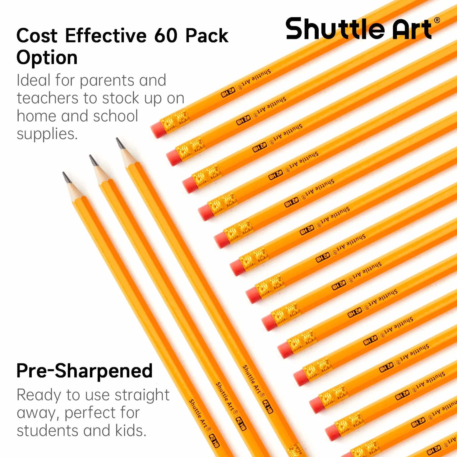 Shuttle Art Matite HB #2 Confezione da 60, Pre-temperate con Gomme, Gialle in Legno