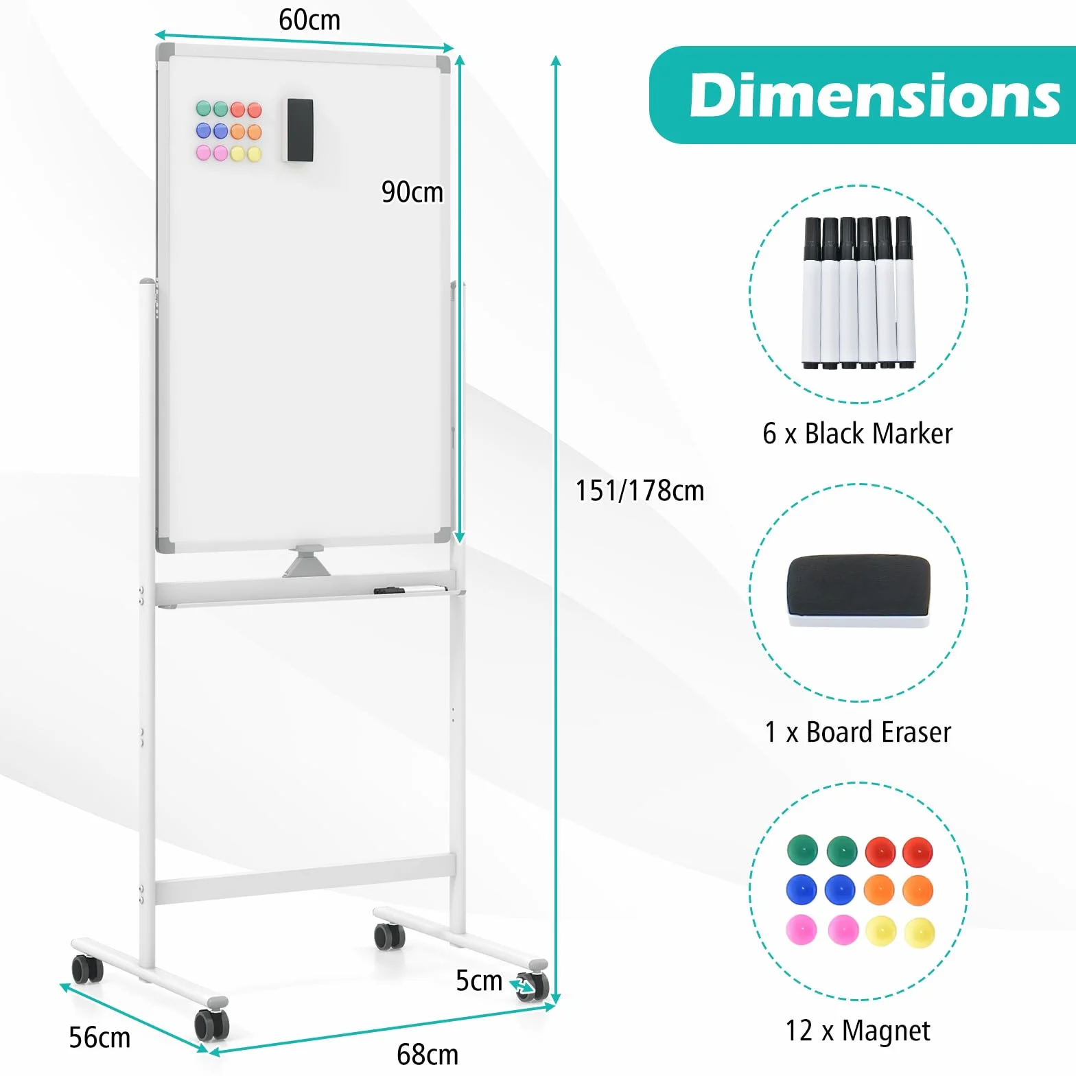 GYMAX Lavagna Magnetica con 4 Ruote, Lavagna Bifacciale con Set di Accessori, Cancellabile a Secco, Lavagna Mobile Regolabile in Altezza, per Scuola, Ufficio, Casa (60 x 90cm, Bianco)
