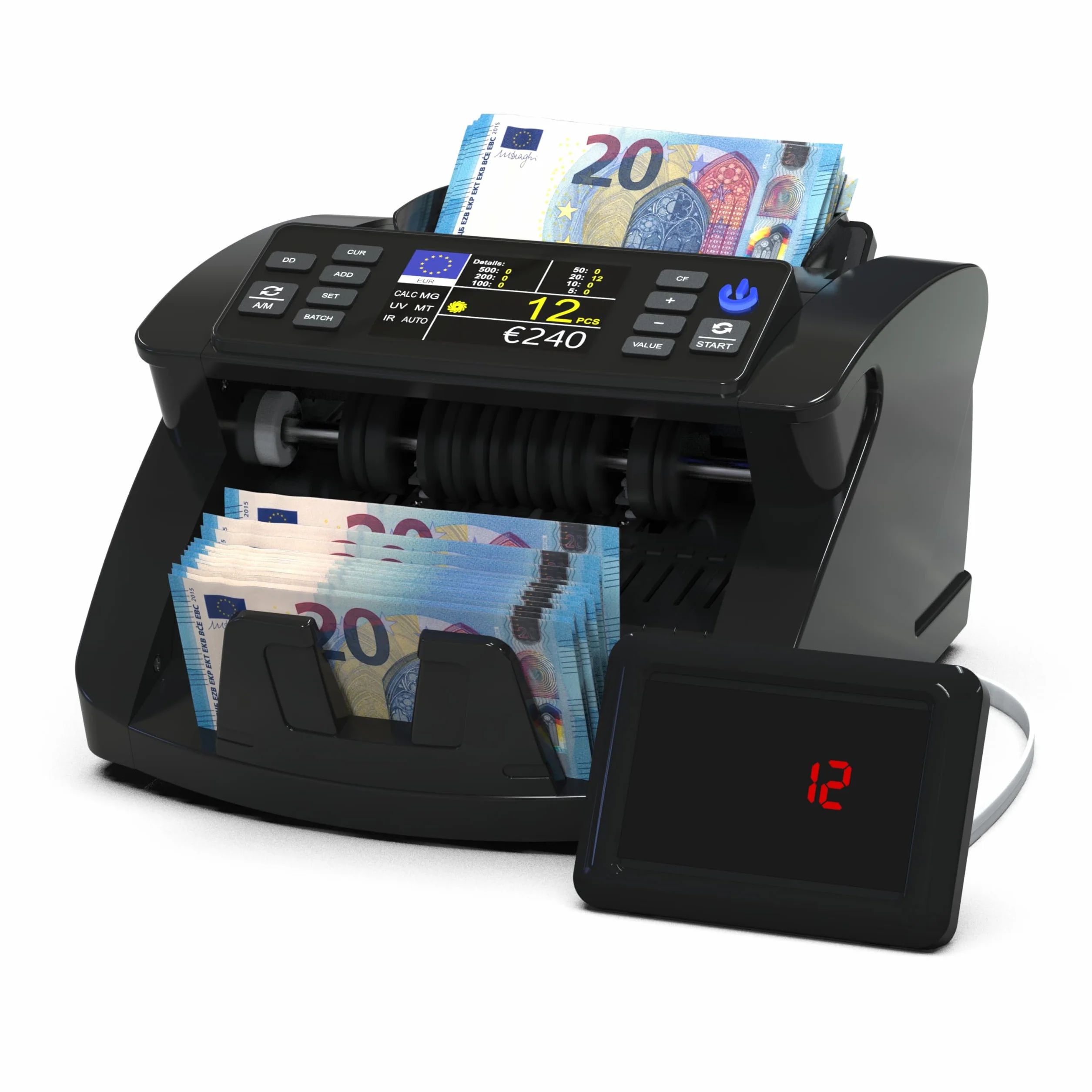 Detectalia V10 Macchina Conta Banconote con Rilevamento UV/MG/IR/MT/DD, Schermo TFT 3,5” + Display Esterno, Valore Totale, Lotto e Somma, 1000/Minuto, per EUR-GBP-CHF-USD-SEK-DKK-PLN-TRY-AED-SAR