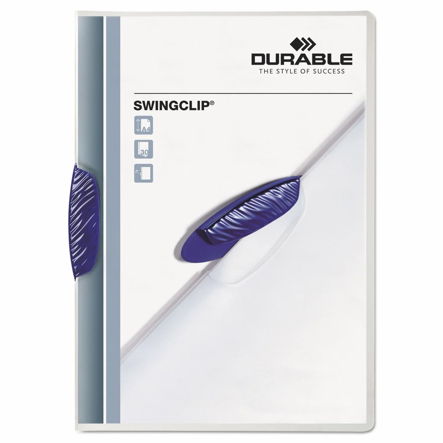 Durable Copertina per relazioni con clip a scatto formato lettera, 21,6 x 27,9 cm, contiene fino a 30 pagine, copertina trasparente e bordo blu scuro, confezione da 25