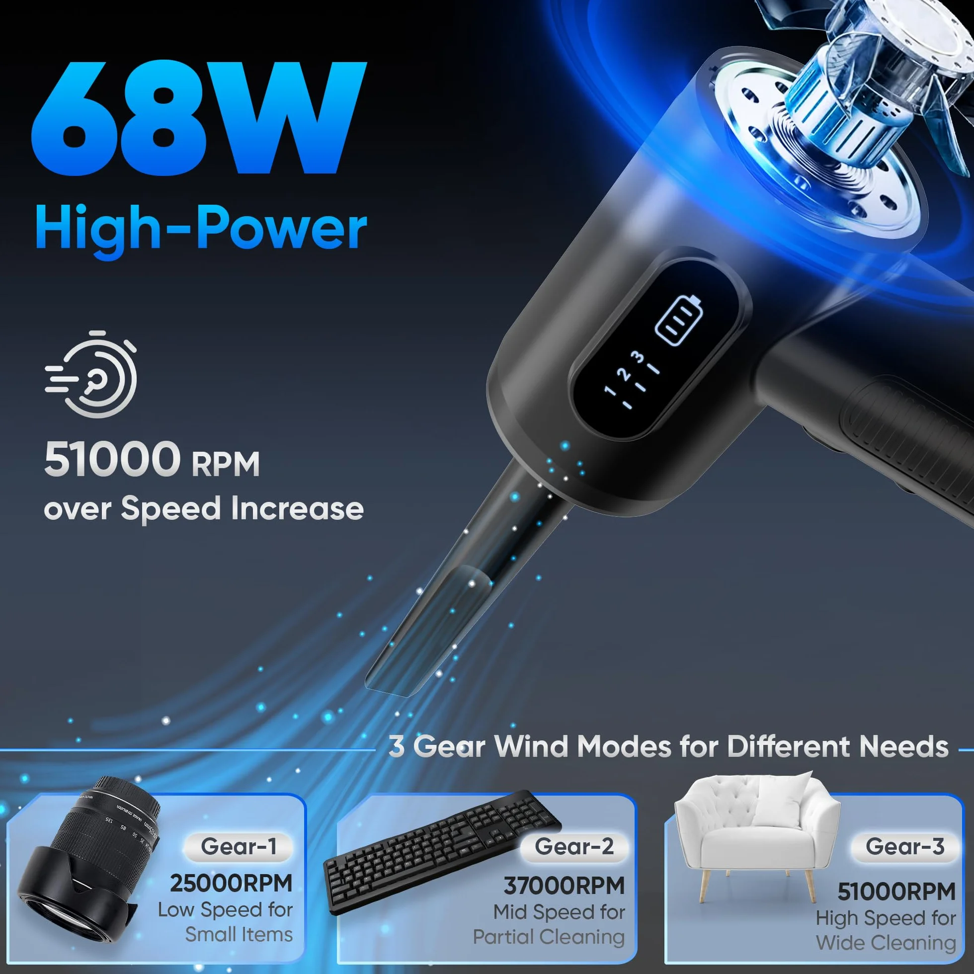 Aspirapolvere Per Computer, Elettrico Rimuovi Polvere Aria Compressa Senza Fili, 3 Velocità 51000 RPM Con luce LED, Batteria da 6000mAh Ricaricabile, Adatto per PC, Divano, Auto