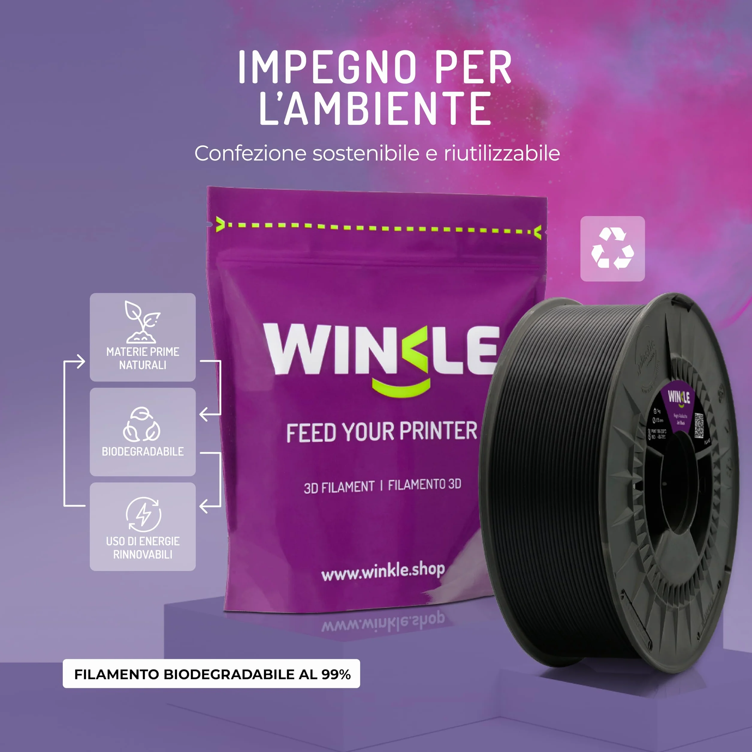WINKLE Filamento PLA HD 1.75mm Nero Corvino 300g per Stampante 3D FDM Precisione Dimensionale +/- 0.05mm