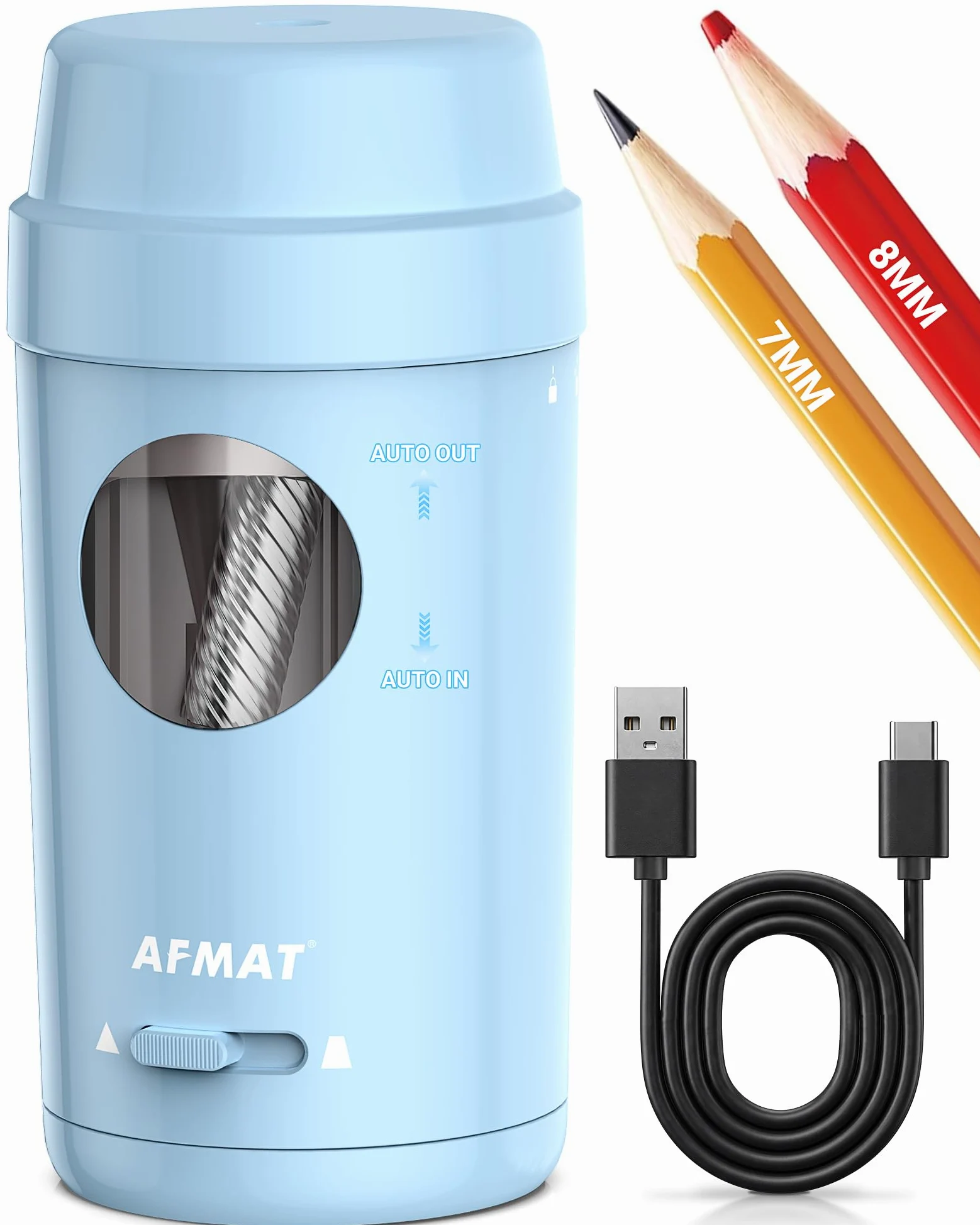AFMAT Temperamatite elettrico completamente automatico, ricaricabile, con contenitore per matite sottili da 7-8 mm, auto in e out, temperamatite elettrico per casa, ufficio, scuola, blu, PSX8