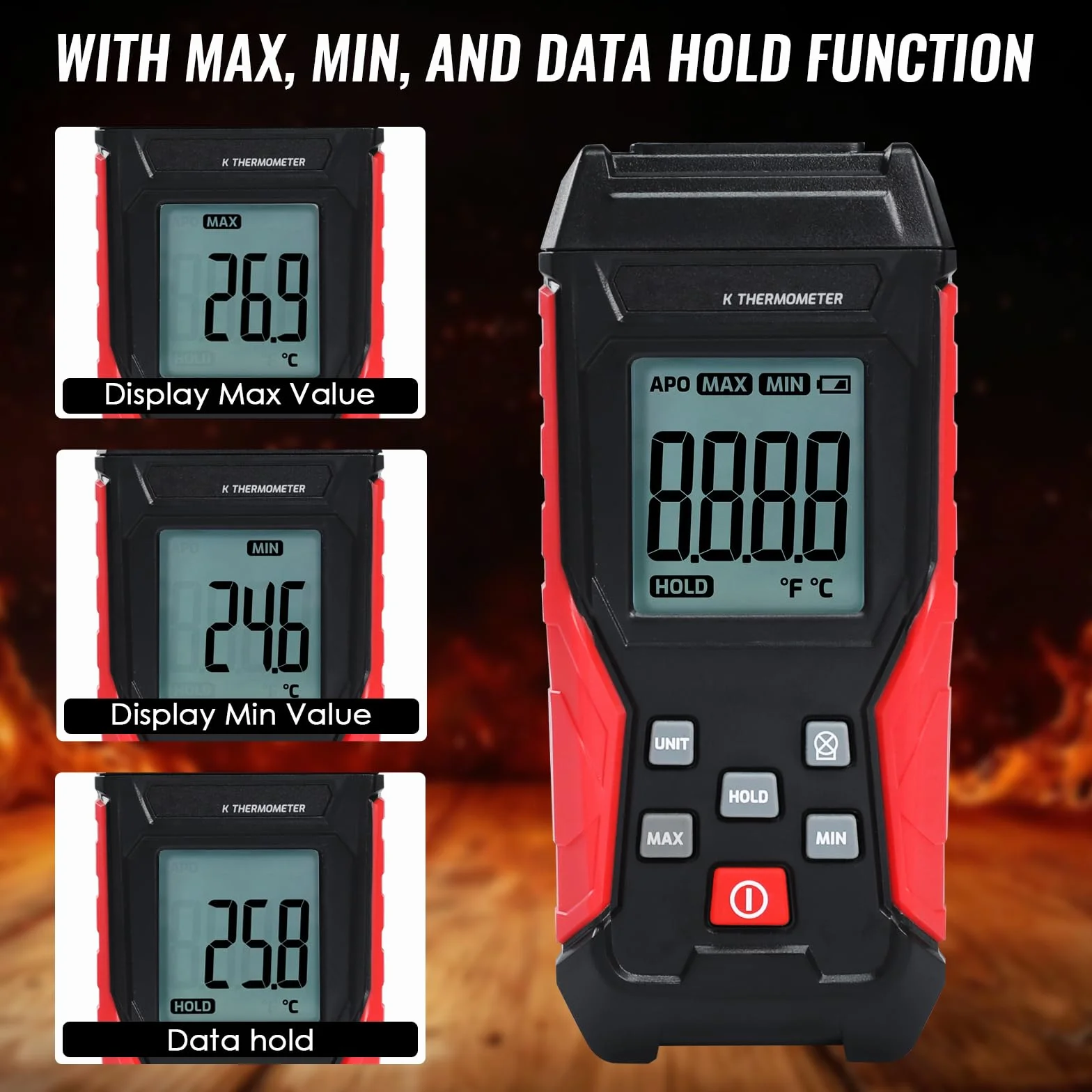 Termometro digitale tipo K 2 sonde termocoppia 2 pinze temperatura industriale monocanale -328°F a 2500°F display LCD retroilluminato Max/Min mantenimento dati