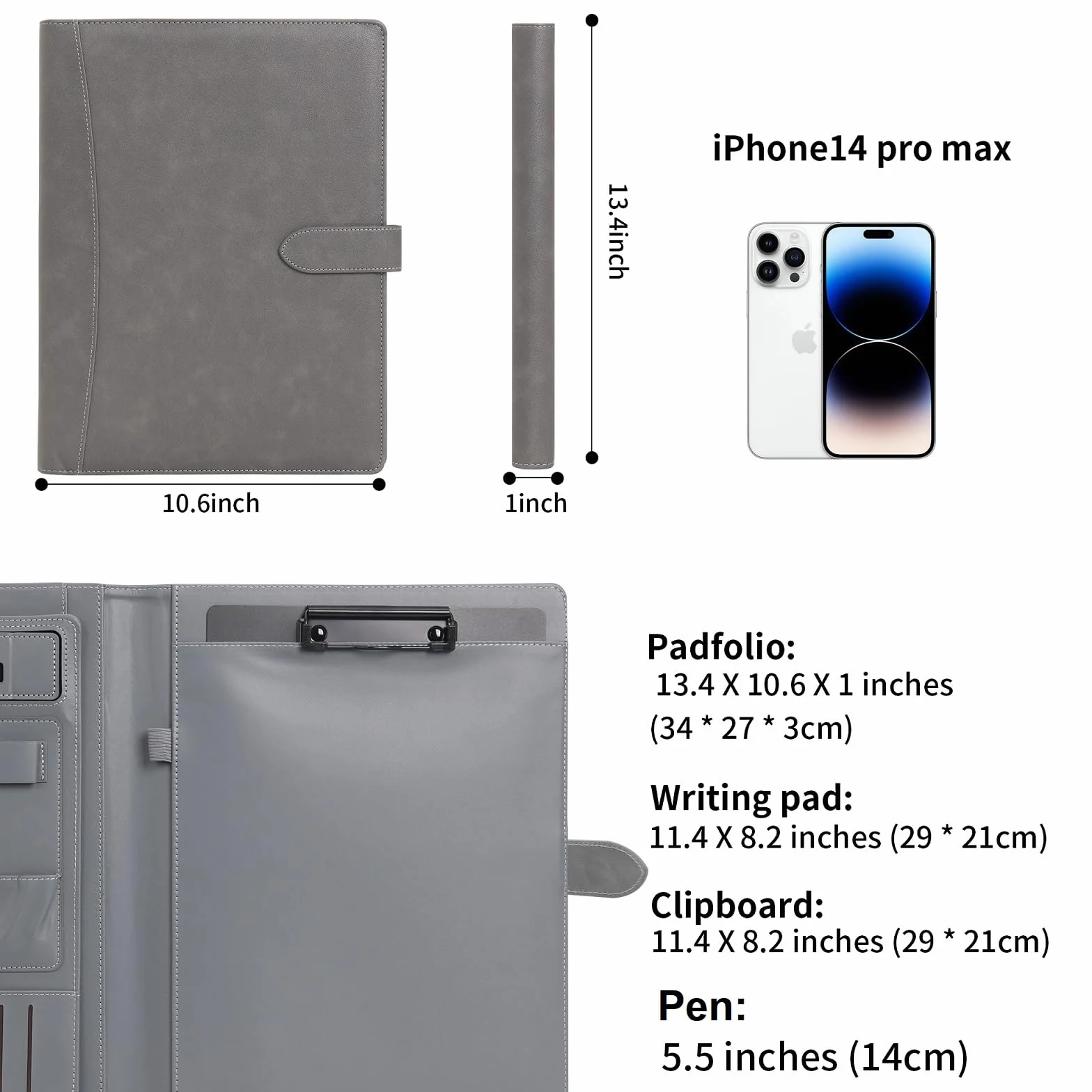 Wason Portadocumenti PU A4 Cartella Tasche Padfolio Custodia con Portablocco Rimovibile Grigio