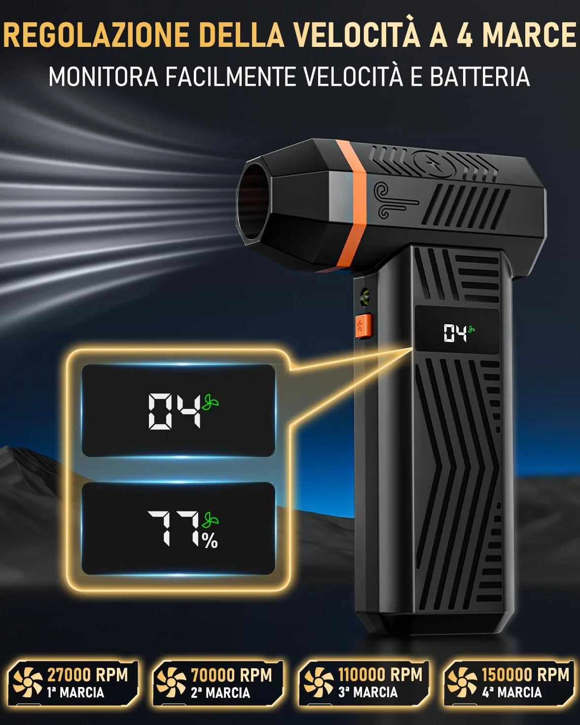 GLAM Soffiatore d'Aria Elettrico con Display LED e Luce, 4 Velocità 150000RPM Aria Compressa Elettrico per PC, Divano, Tastiera, Auto