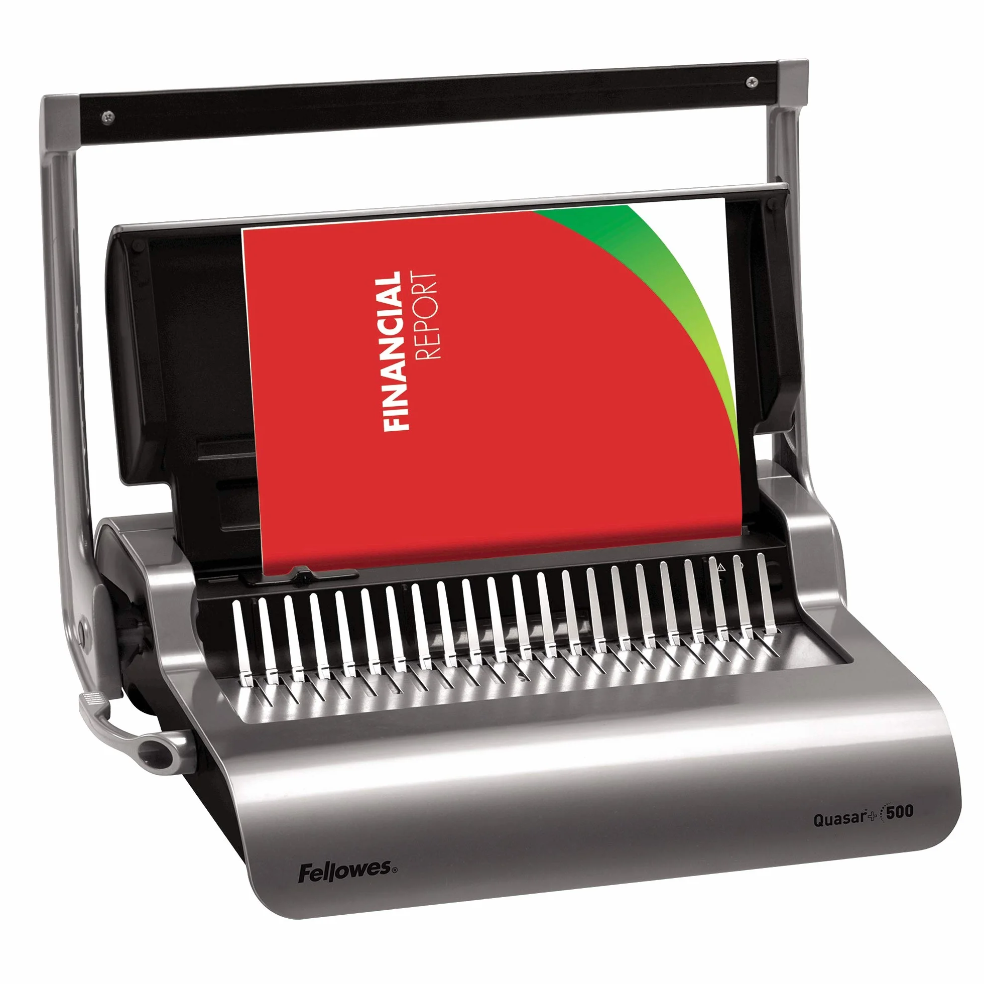 Fellowes Rilegatrice Spirale a Dorsi Plastici Quasar+, Rilegatrice a Pettine Manuale, 21 fori, Rilegatura fino a 500 Fogli, Perforazione 25 Fogli, con Misuratore dei Dorsi e Guida Margine