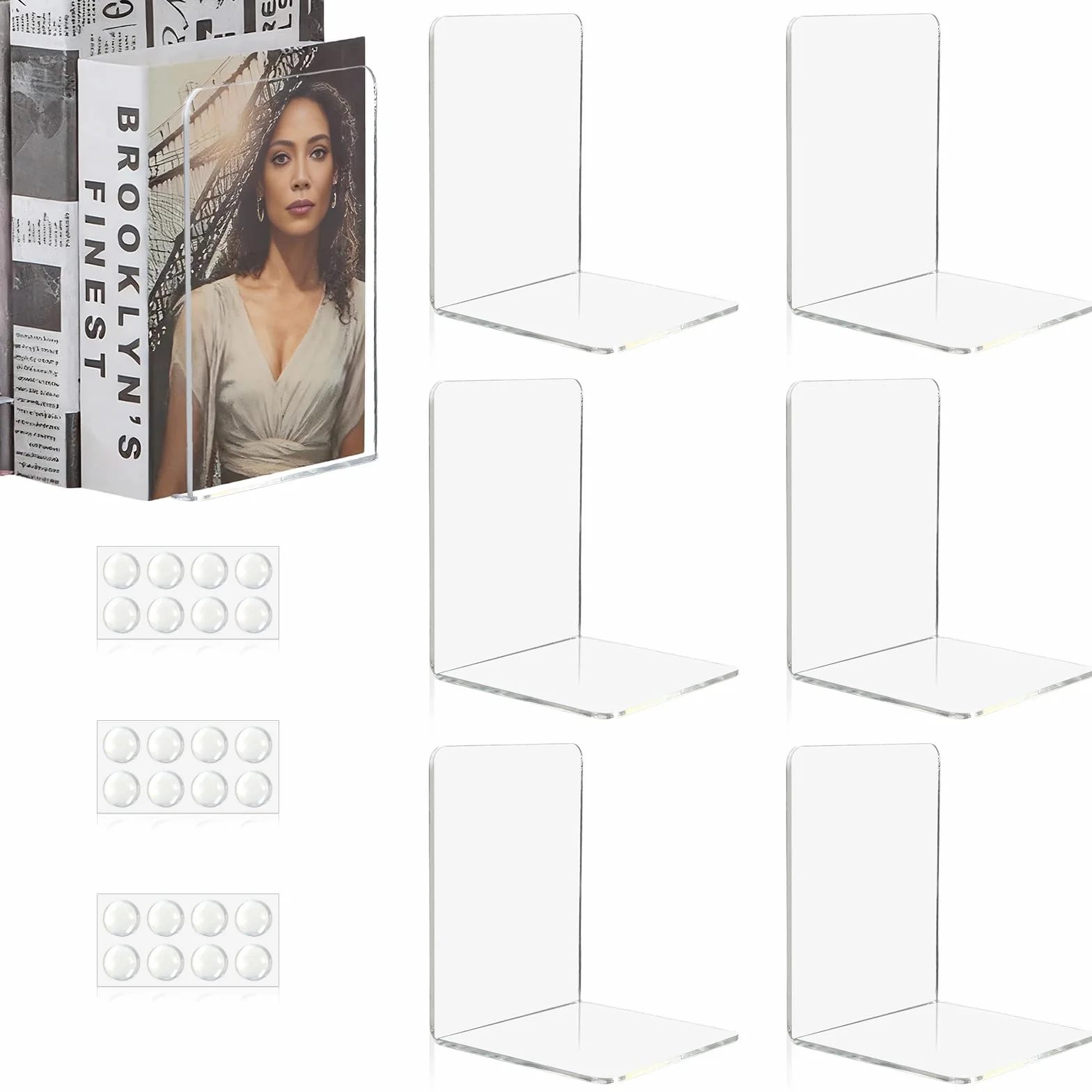 Fermalibri in Acrilico Trasparente 6 Pezzi con Tappetini Antiscivolo, Spessore 3 mm, 10x10x13 cm per Libreria