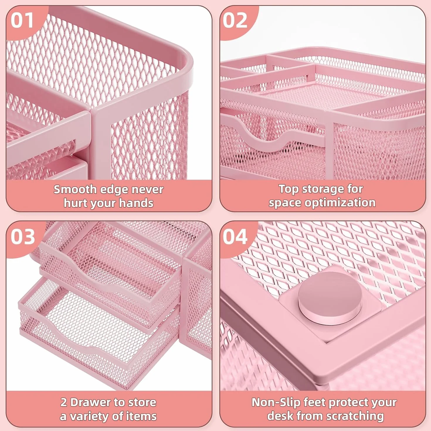 Marbrasse Organizer Scrivania con Cassetti, Porta Penne da Scrivania in Rete Metal, Rosa