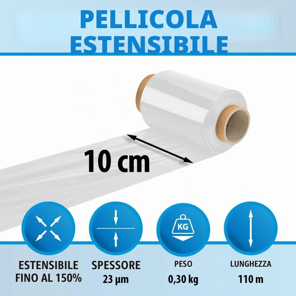 Pellicola elastica trasparente 110 m x 10 cm 0,3 kg rotolo imballaggio trasloco
