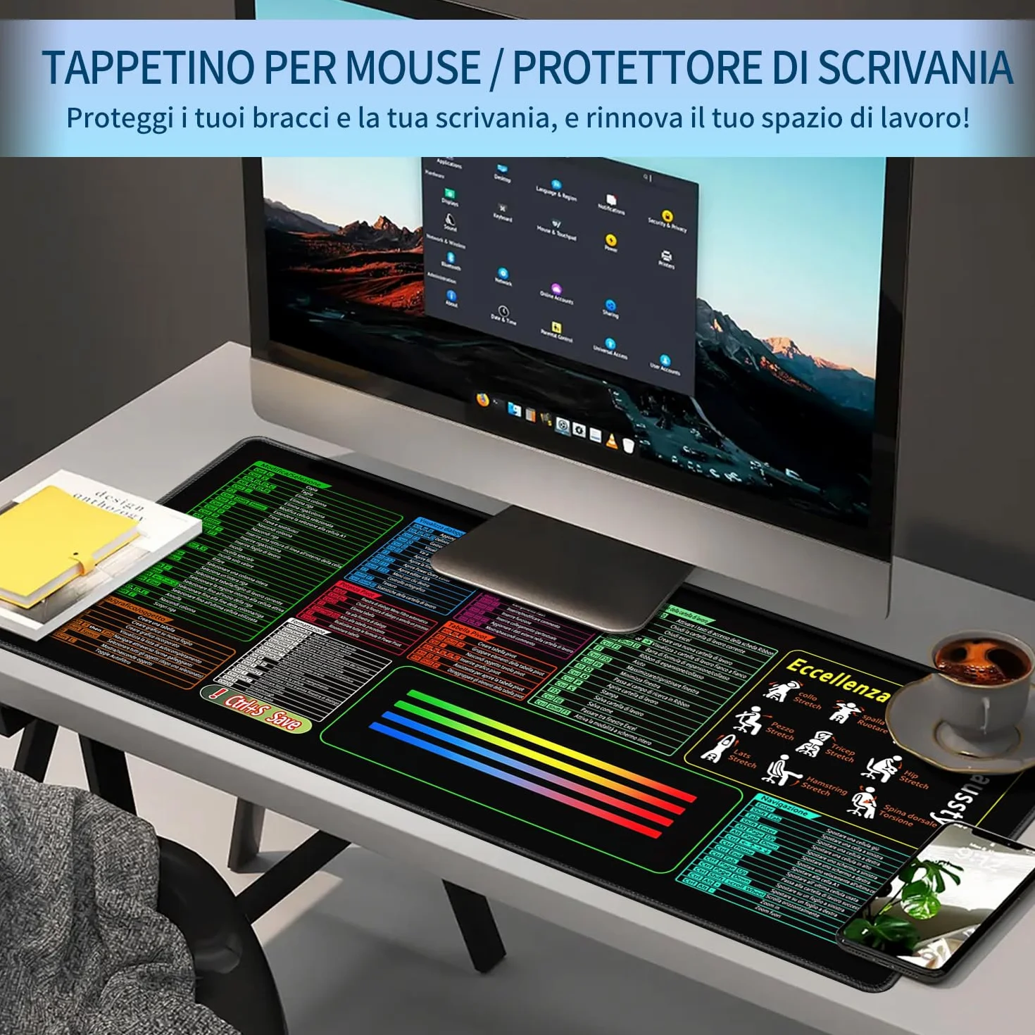 Tappetino Mouse XXL 900x400mm Impermeabile Antiscivolo per Scrivania con Scorciatoie Excel
