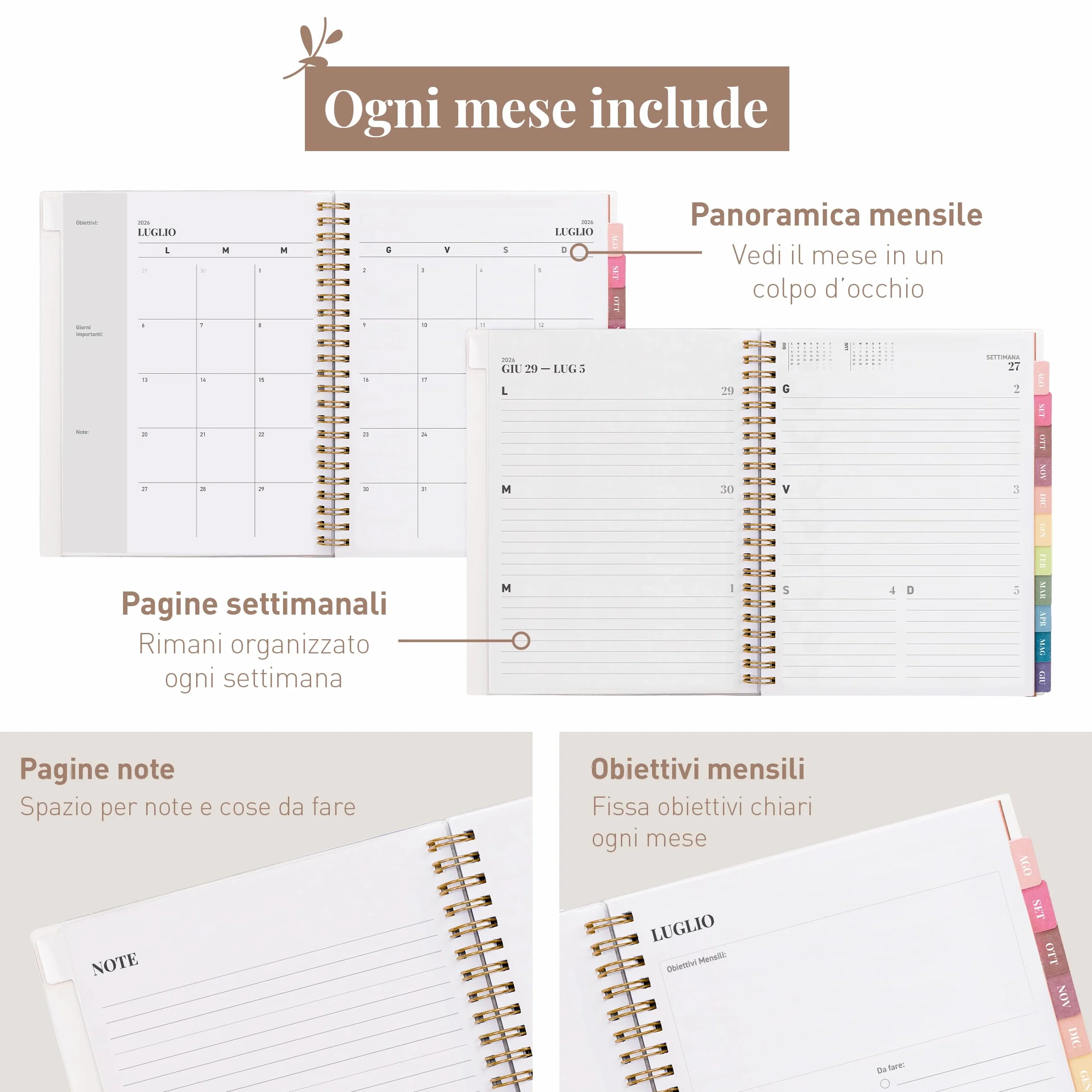 Rileys Agenda Accademica 2026–2027 Settimanale con Giornaliera Planner Scuola Lavoro 20x15 cm Verde Italiano