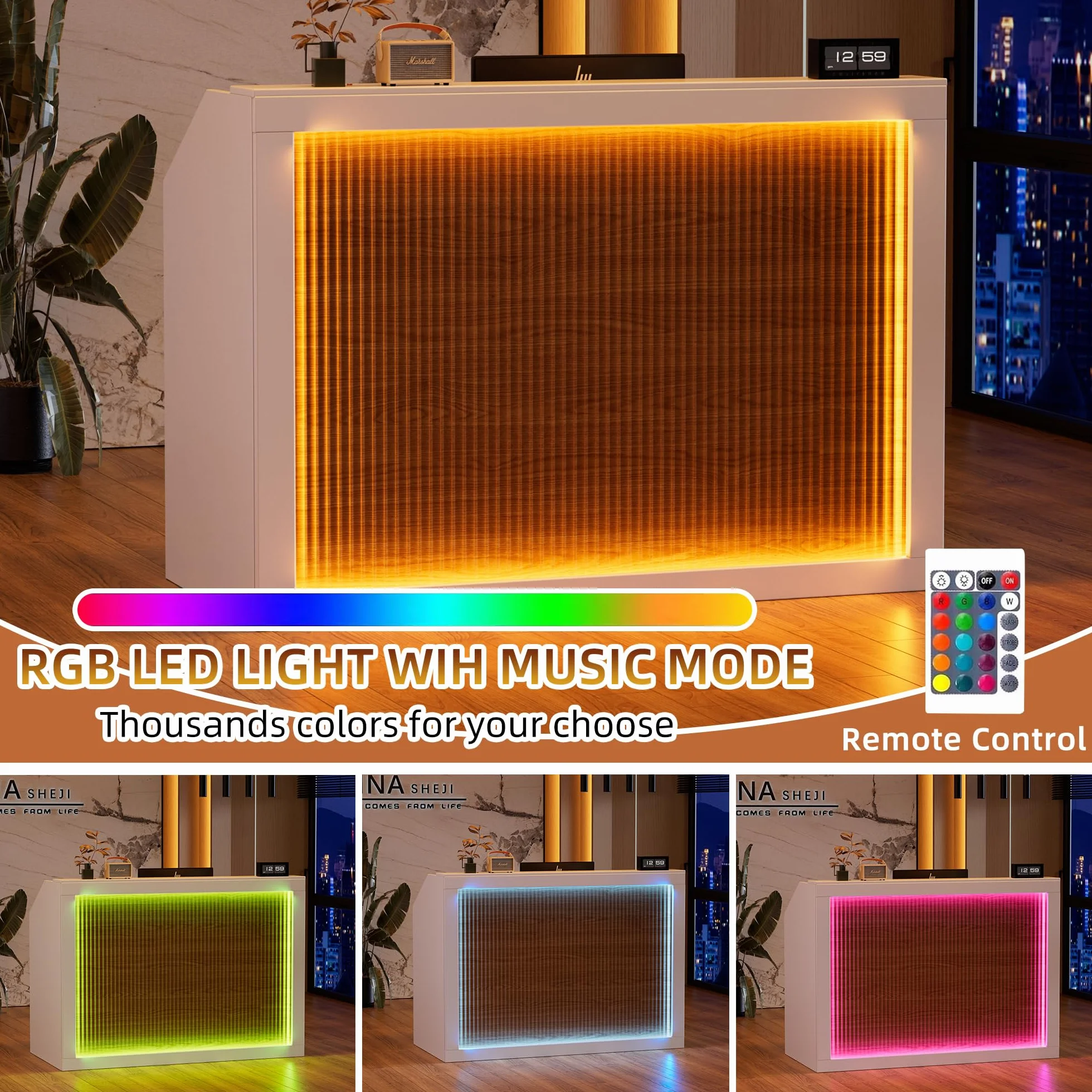 MSFE Bancone Reception con LED,Banco Reception con Cassetto,Armadio,Ripiani Aperti e Prese,Bancone Ufficio per Reception per Parrucchiere, Centro Estetico, Negozio, Hotel e Ufficio,140 * 60 * 110CM