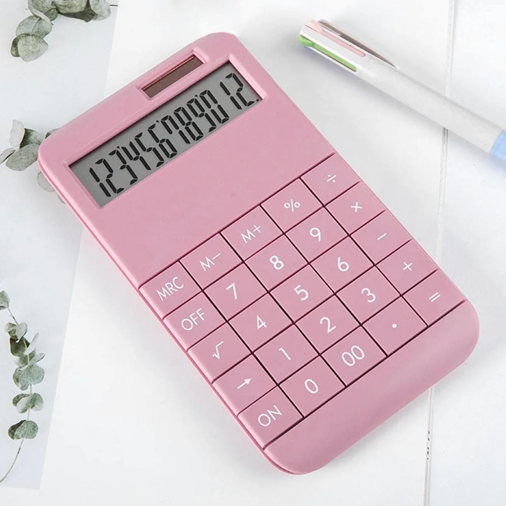 Set di 3 calcolatrici da tavolo a 12 cifre con display LCD a doppia alimentazione per casa e ufficio, rosa
