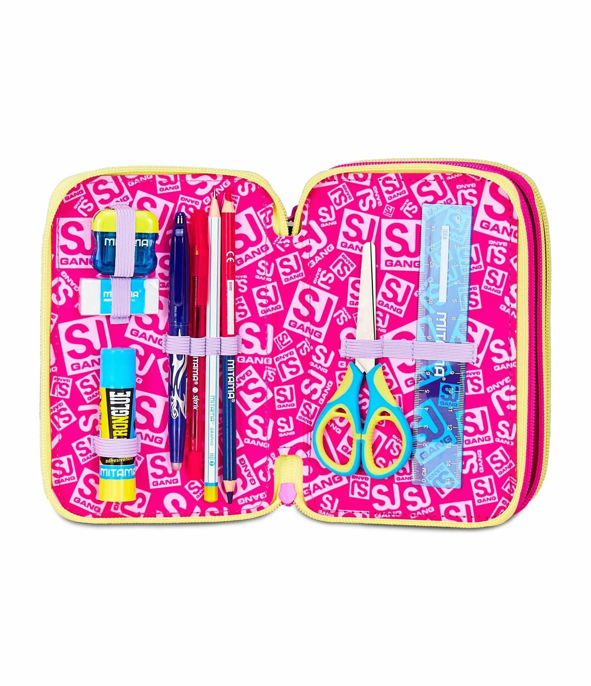 Astuccio Scuola 3 Zip Fucsia Arancio Portapenne Triplo Scomparto Completo