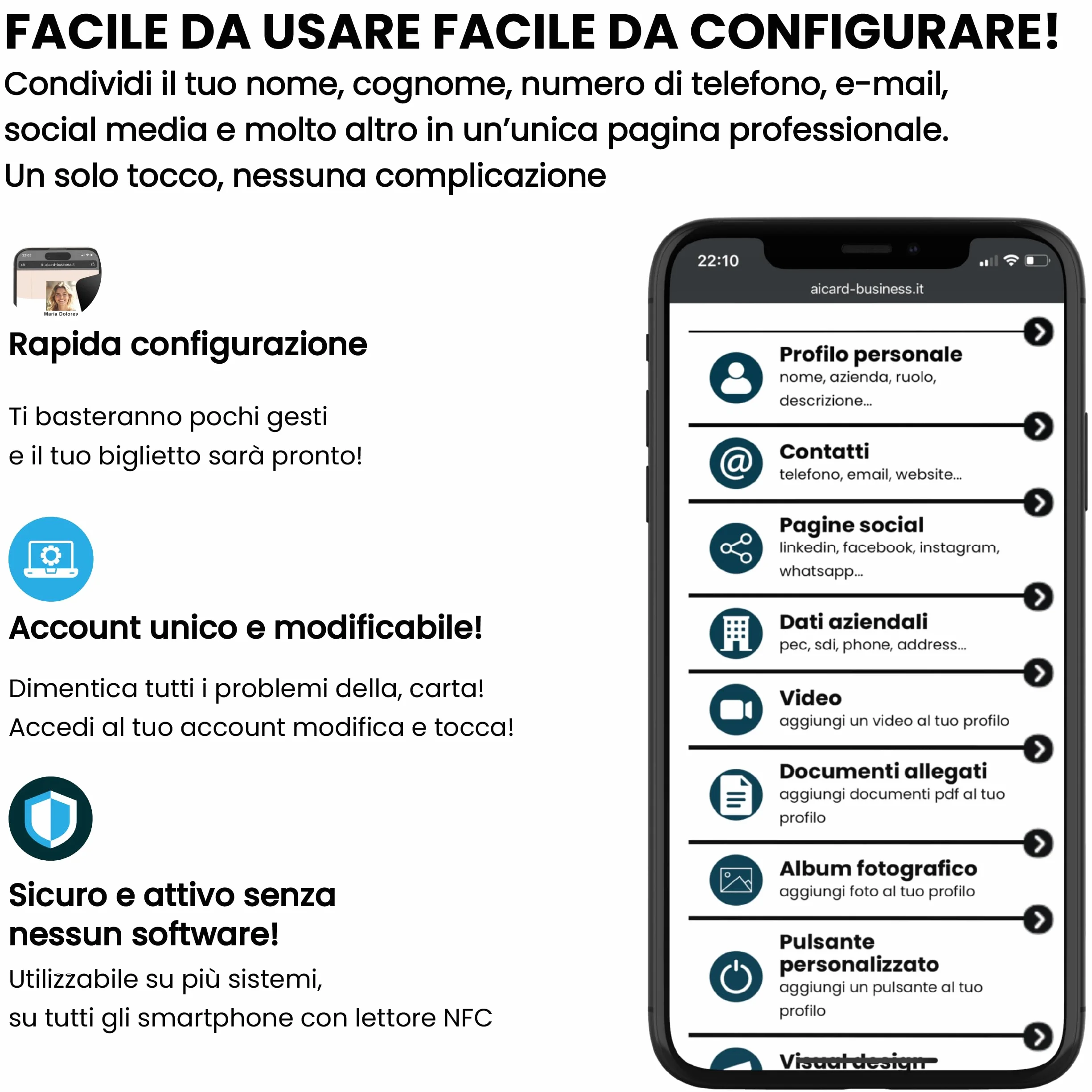 Biglietto da visita Digitale NFC Personalizzabile Aicard NERO Compatibile con smartphone Android e iOS