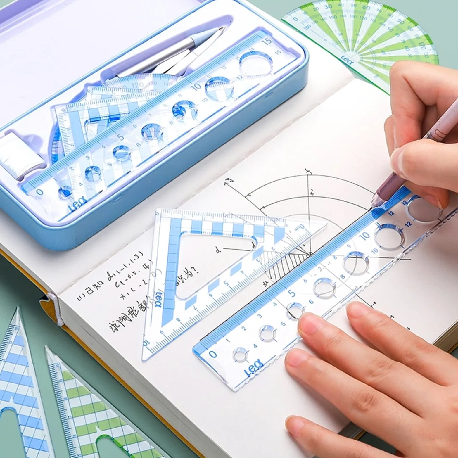 Kit da Disegno Set di Strumenti per Compasso da Disegno, Set di 7 Forniture per Studenti per la Lavorazione del Legno, Strumenti da Disegno di Ingegneria Set Matematico Goniometro per la Scuola (Col