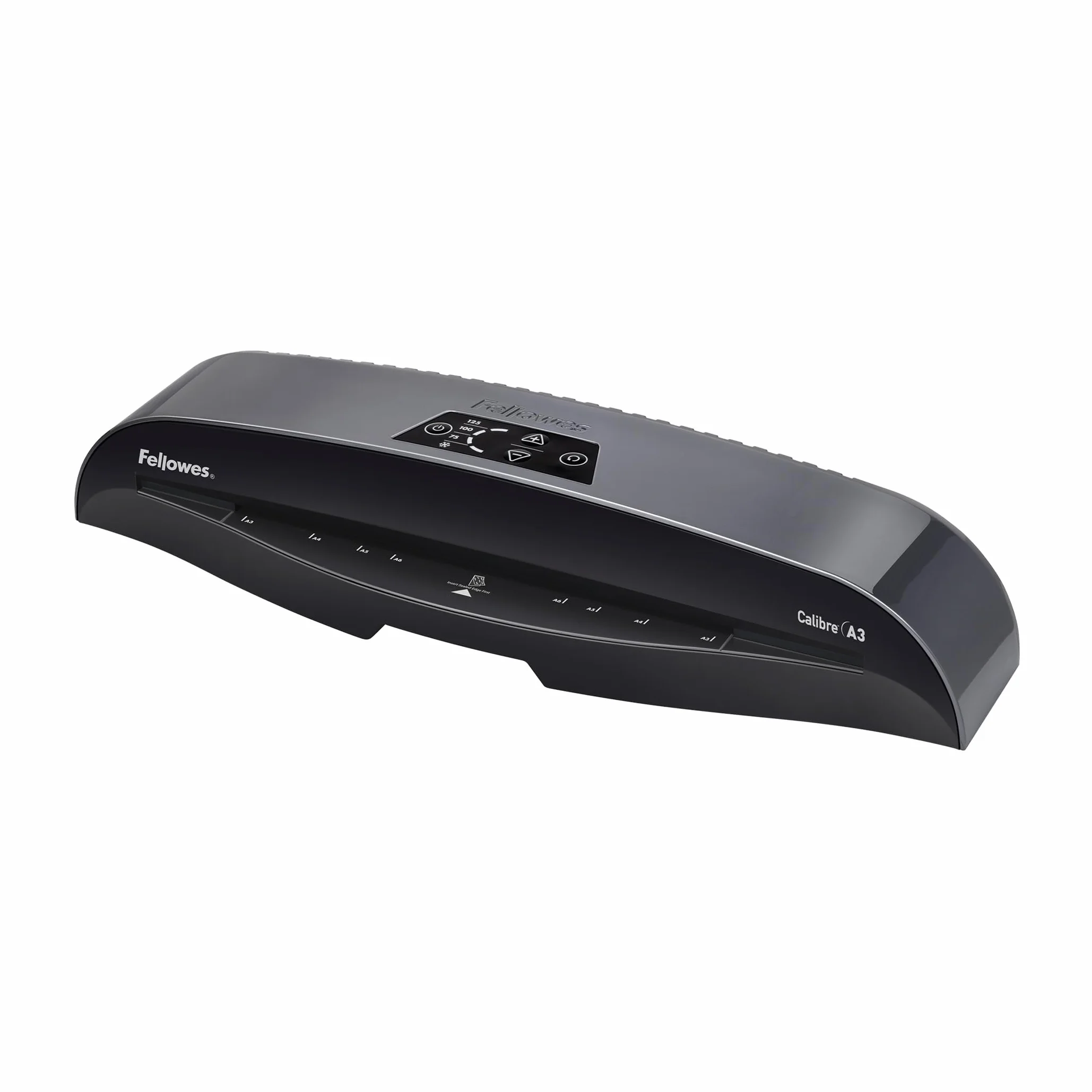 Fellowes Plastificatrice A4 Calibre per piccoli uffici, Pronta in 1 minuto con Spegnimento e modalità Riposo, 80-125 Micron, Kit con 10 fogli A4 per plastificazione incluso, Nero