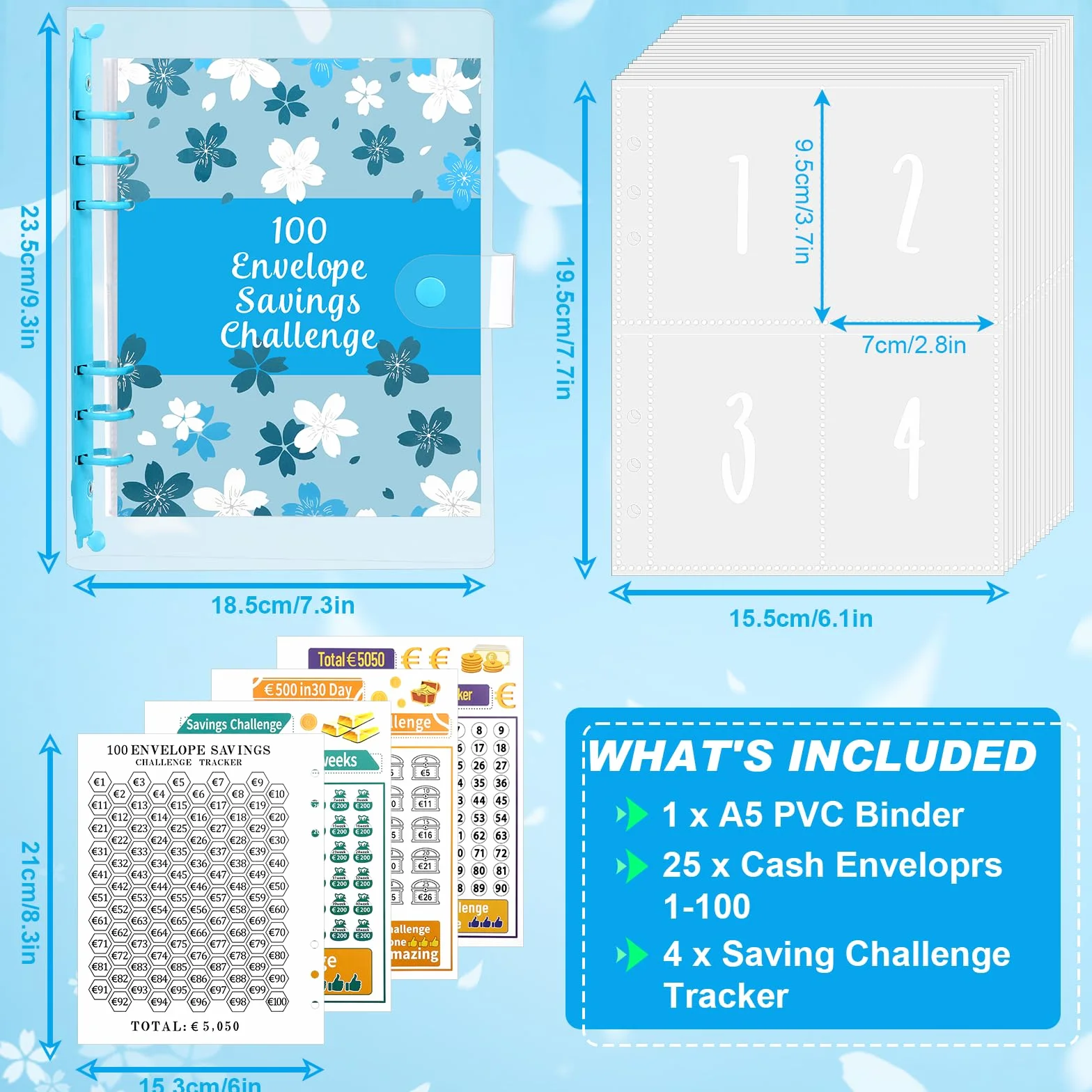 A5 Agenda Risparmio Soldi con Buste Porta Soldi e Tracker Della Sfida, Budget Binder per Risparmia Denaro Challenge - Blu