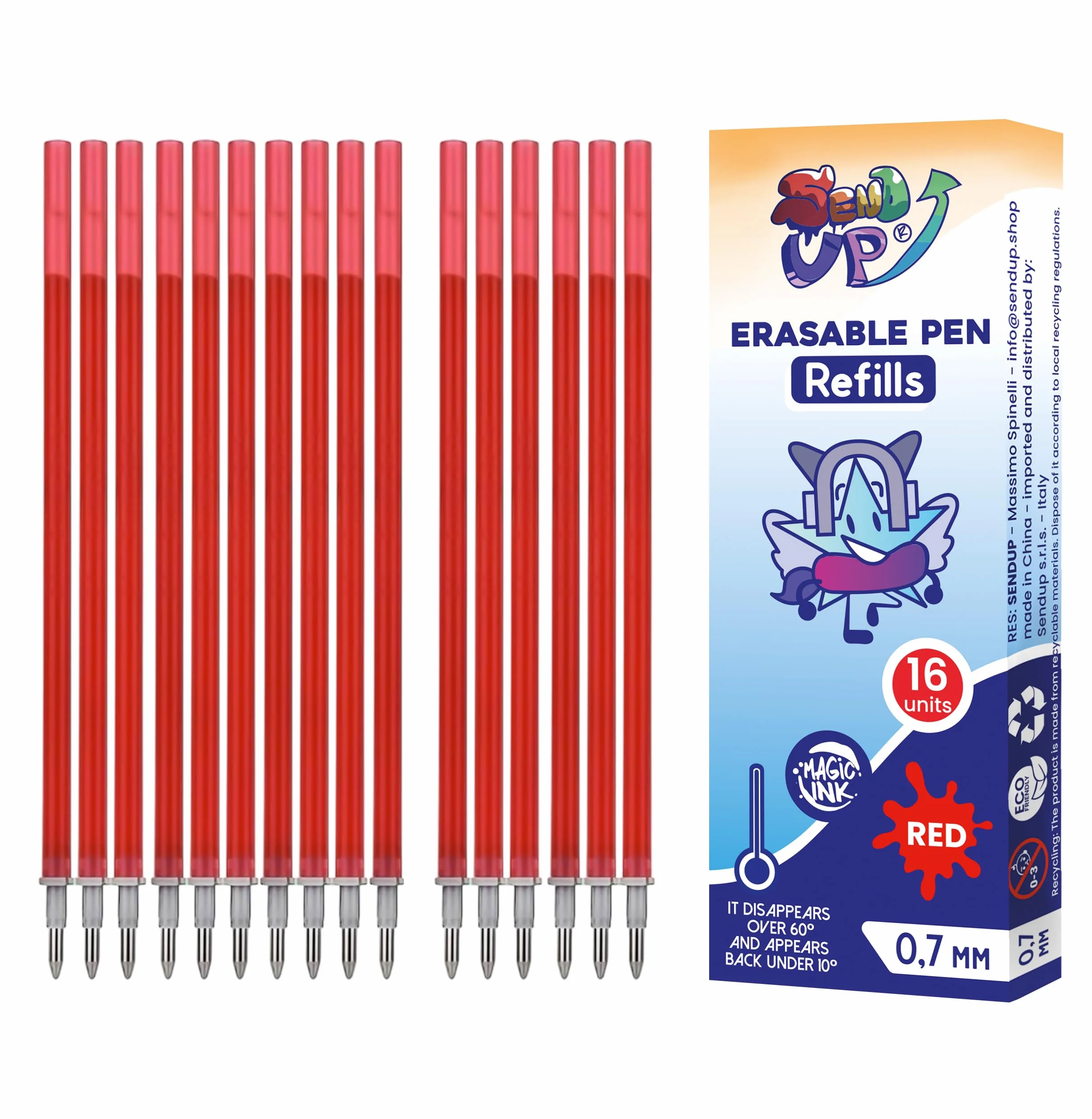 16 Ricariche XXL Penna Gel Cancellabile ROSSE, Punta 0,7mm, Compatibile Legami, +20% Inchiostro, Scatola Cartone