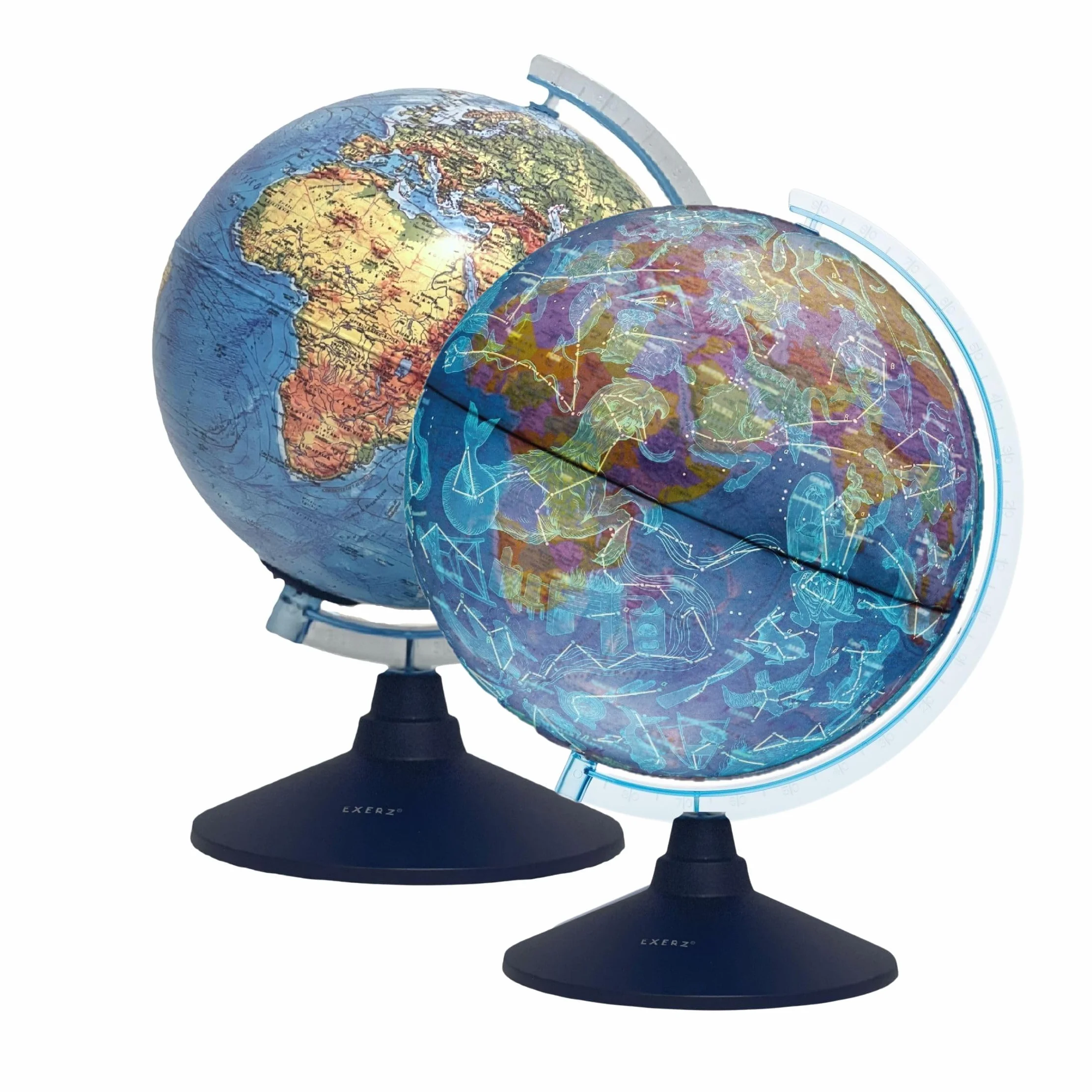 EXERZ 21cm Mappamondo Illuminato Con Illuminazione A LED Senza Cavi Giorno E Notte/Globo - in Inglese - Mappa Fisica (Giorno) - Constellazione (Notte) - App di Realtà Aumentata iOS