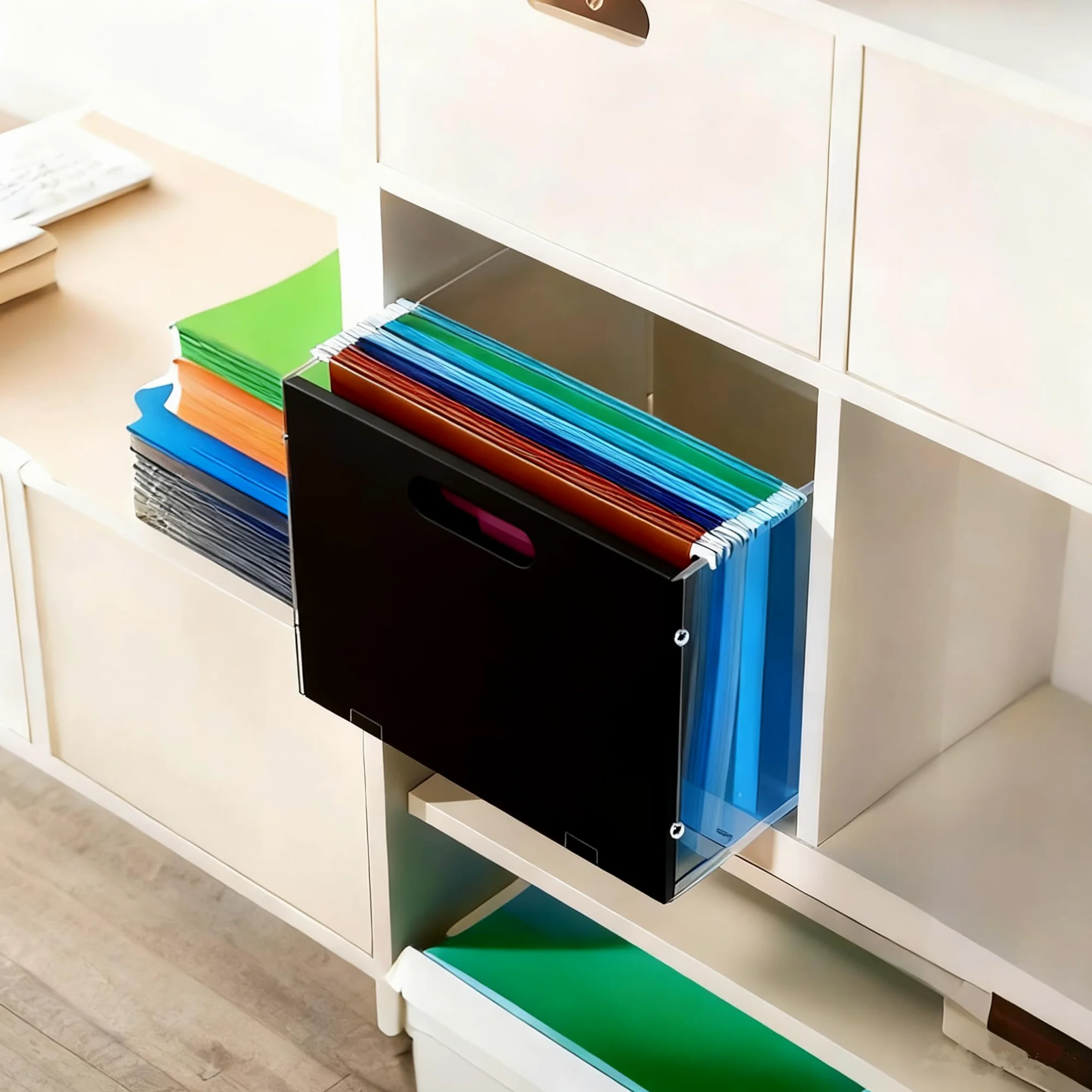 Scatola organizer da appendere con manico, organizer per cartelle in acrilico, formato lettera, portatile, da appendere, per casa, ufficio, scrivania, documenti, nero