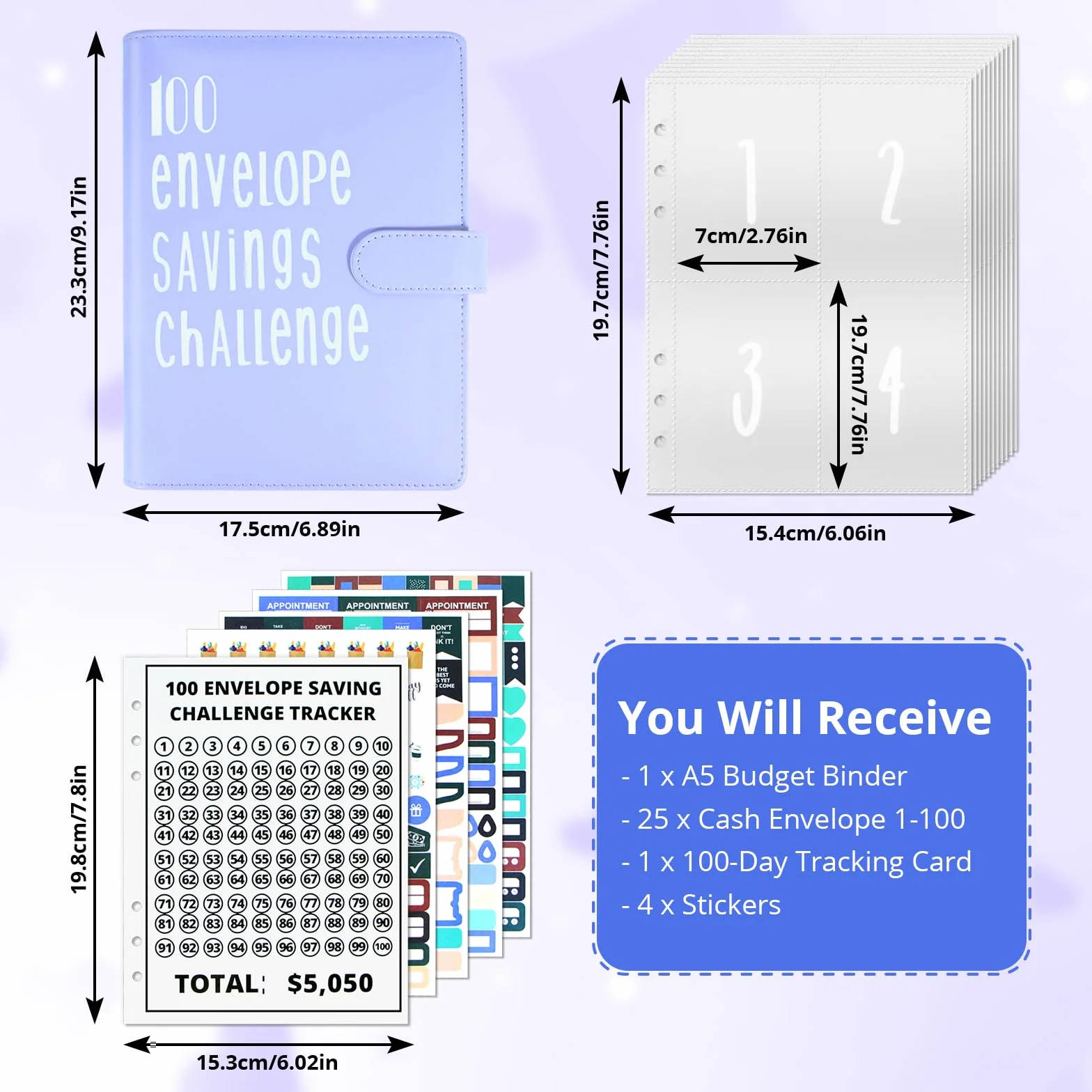 100 Envelope Challenge Binder Budget Planner Kit A5 Salvadanaio Sfida Risparmia denaro con scomparti per banconote e adesivi