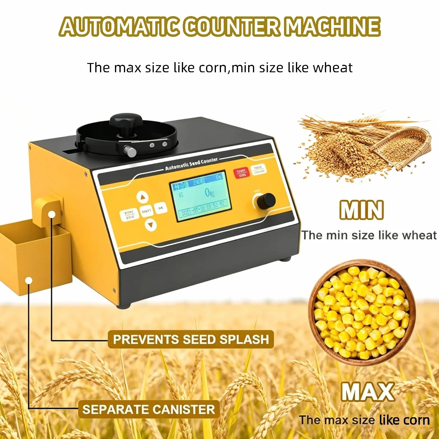 Contatore automatico touchscreen, strumento di conteggio dei semi del microcomputer con display a LED, velocità regolabile, gamma accurata da 1 a 12 mm per riso, grano, mais