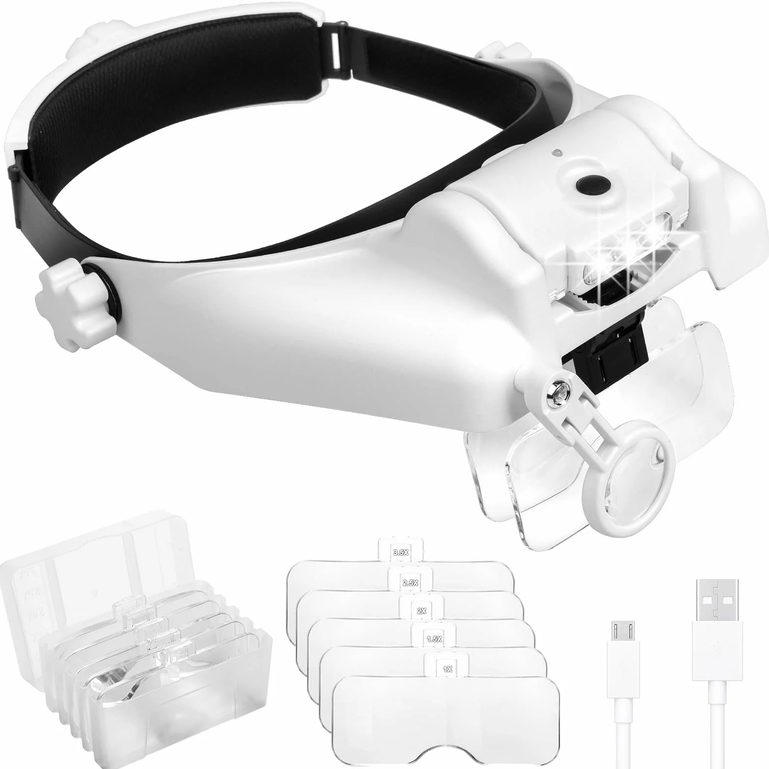 Occhiali d'ingrandimento frontale ricaricabile con luce LED, mani libere e 6 lenti rimovibili per lavori ravvicinati, lettura, gioielli, artigianato, riparazione 82000MC