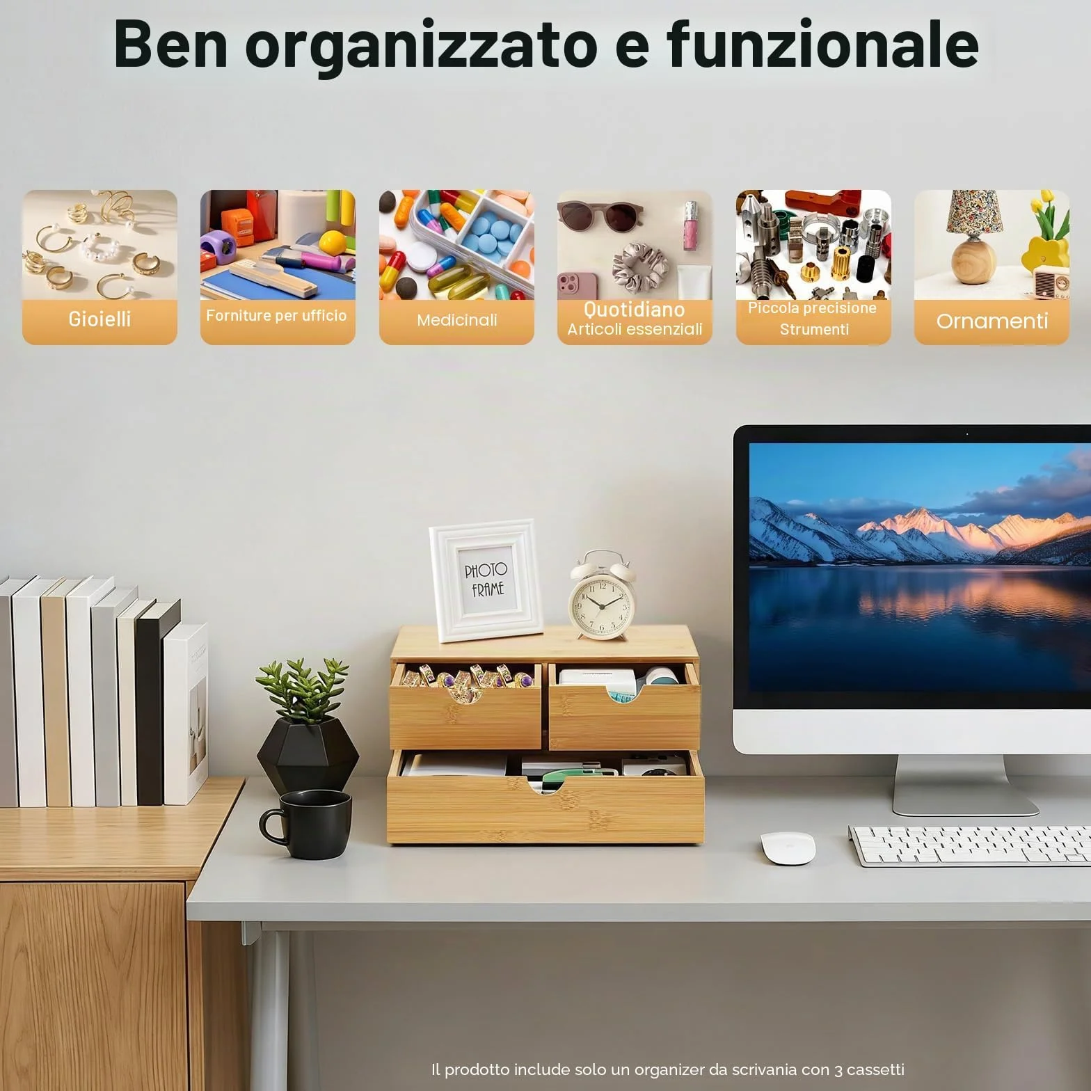 Organizer da scrivania in bambù con cassetti, mini cassettiera in bambù, design monoblocco, scatola per trucco con 3 cassetti, per ufficio, soggiorno e camera da letto