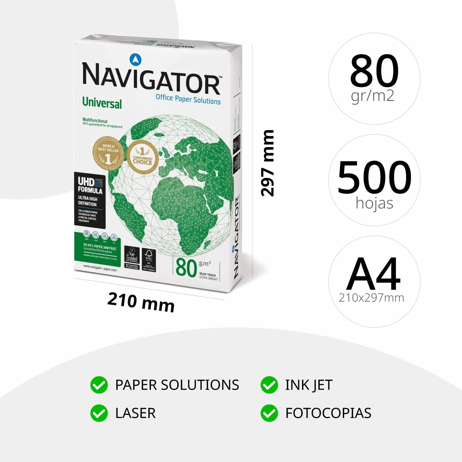 Paquete de 1500 Folios Navigator Universal A4 80gr + 60 Fundas Multitaladro Plástico