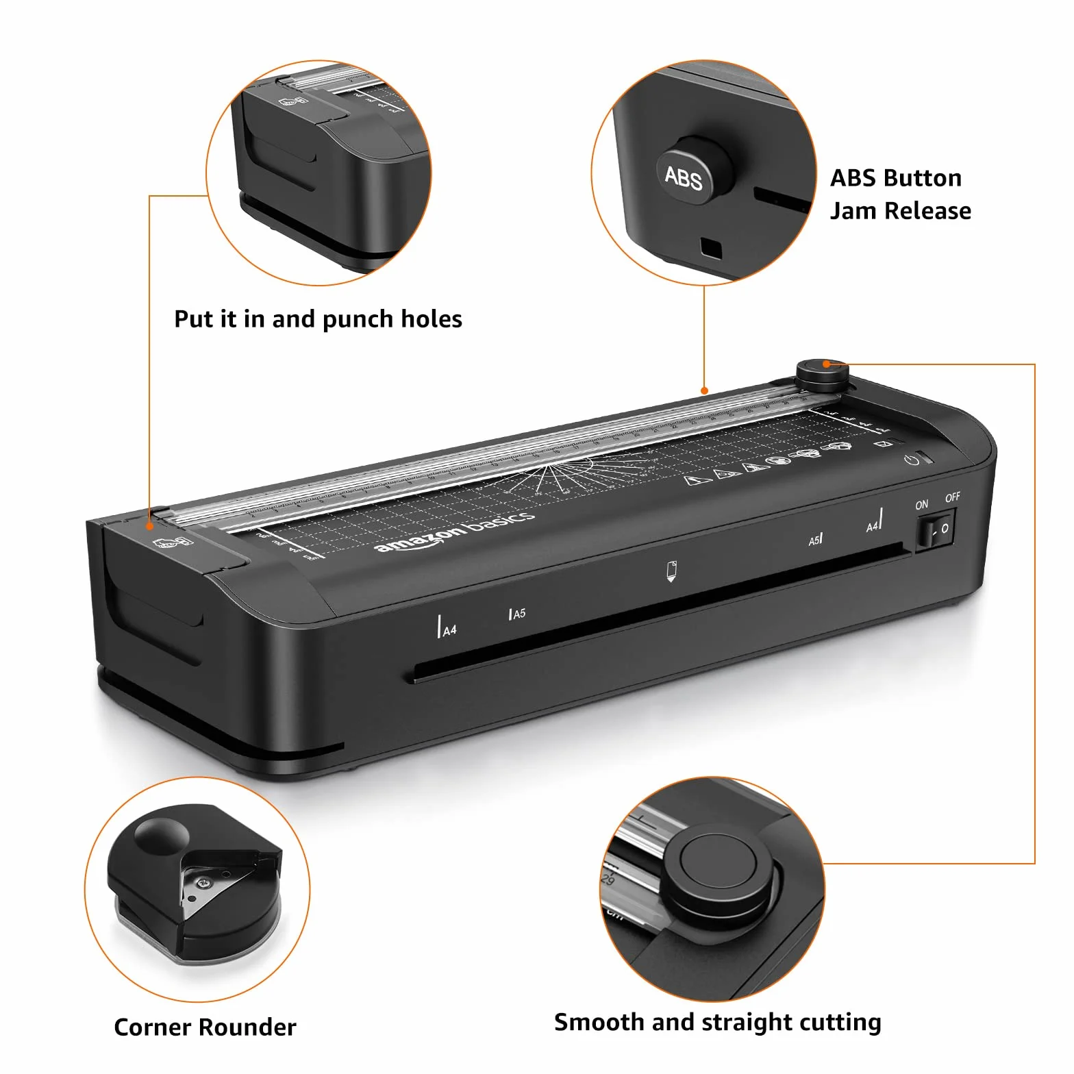 Amazon Basics Plastificatrice termica 3 in 1, formato A4, con funzioni di rifinitura, perforazione e smussamento degli angoli, con 10 pouches incluse, spina del EU, Nero