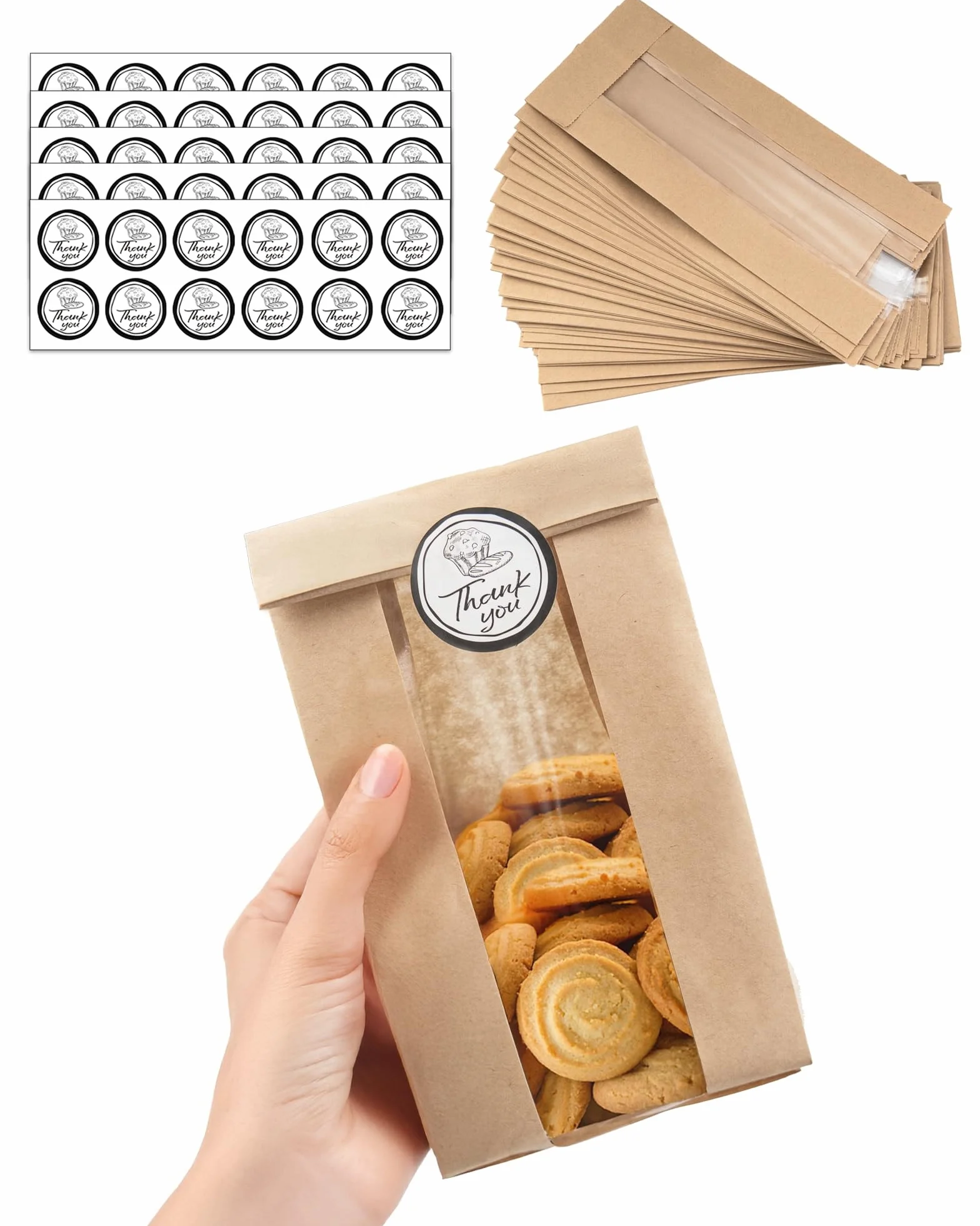Sacchetti di Carta per Alimenti 50 Pezzi con Sigillo e Finestra, Kraft per Pane Dolci Torte, 8,89 x 5,85 x 19,05 cm
