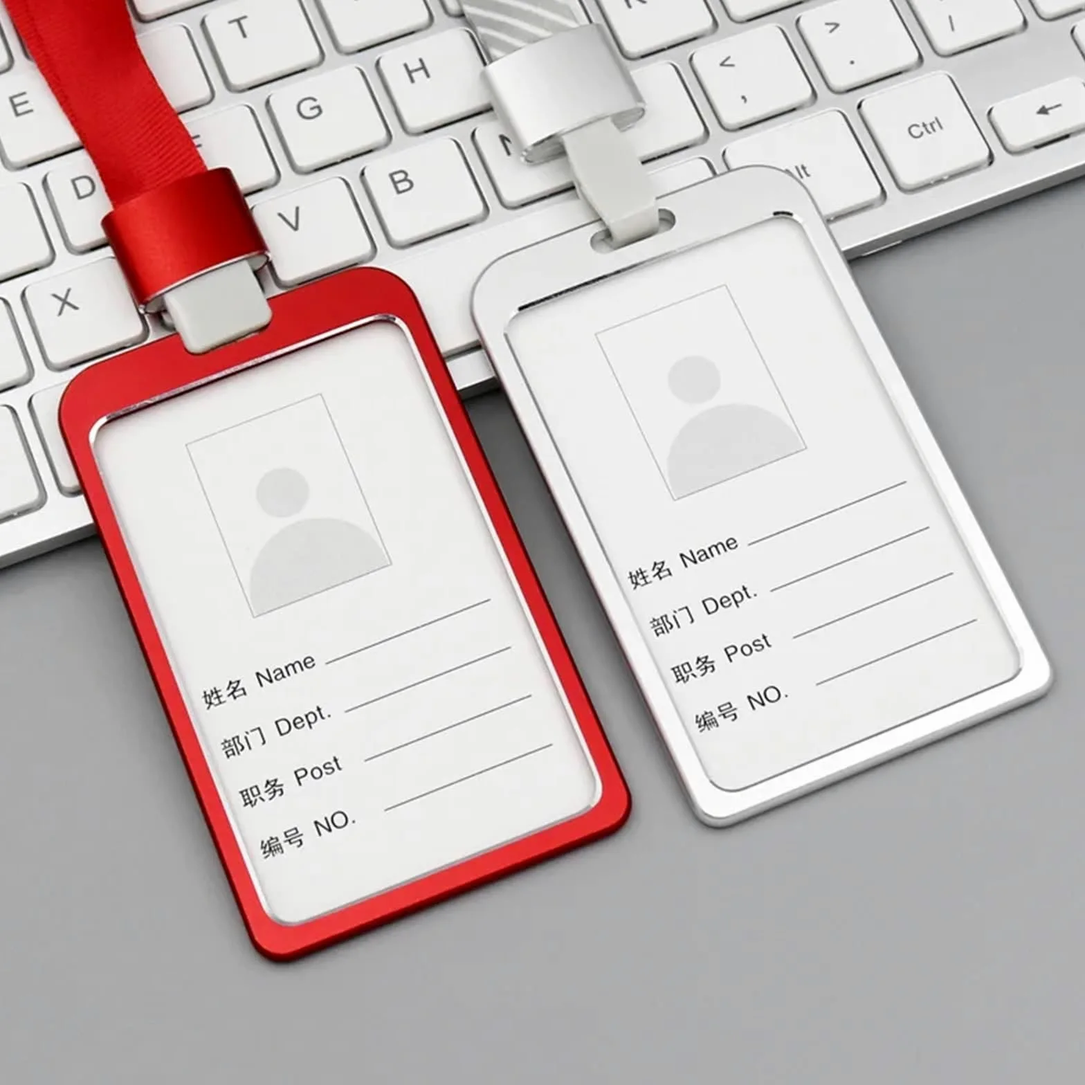 Porta badge Company Employess, in lega di alluminio, porta badge per personale d'ufficio, carta d'identità, trasparente, con cordino, per studenti, carte bancarie (piccolo-V-blu)