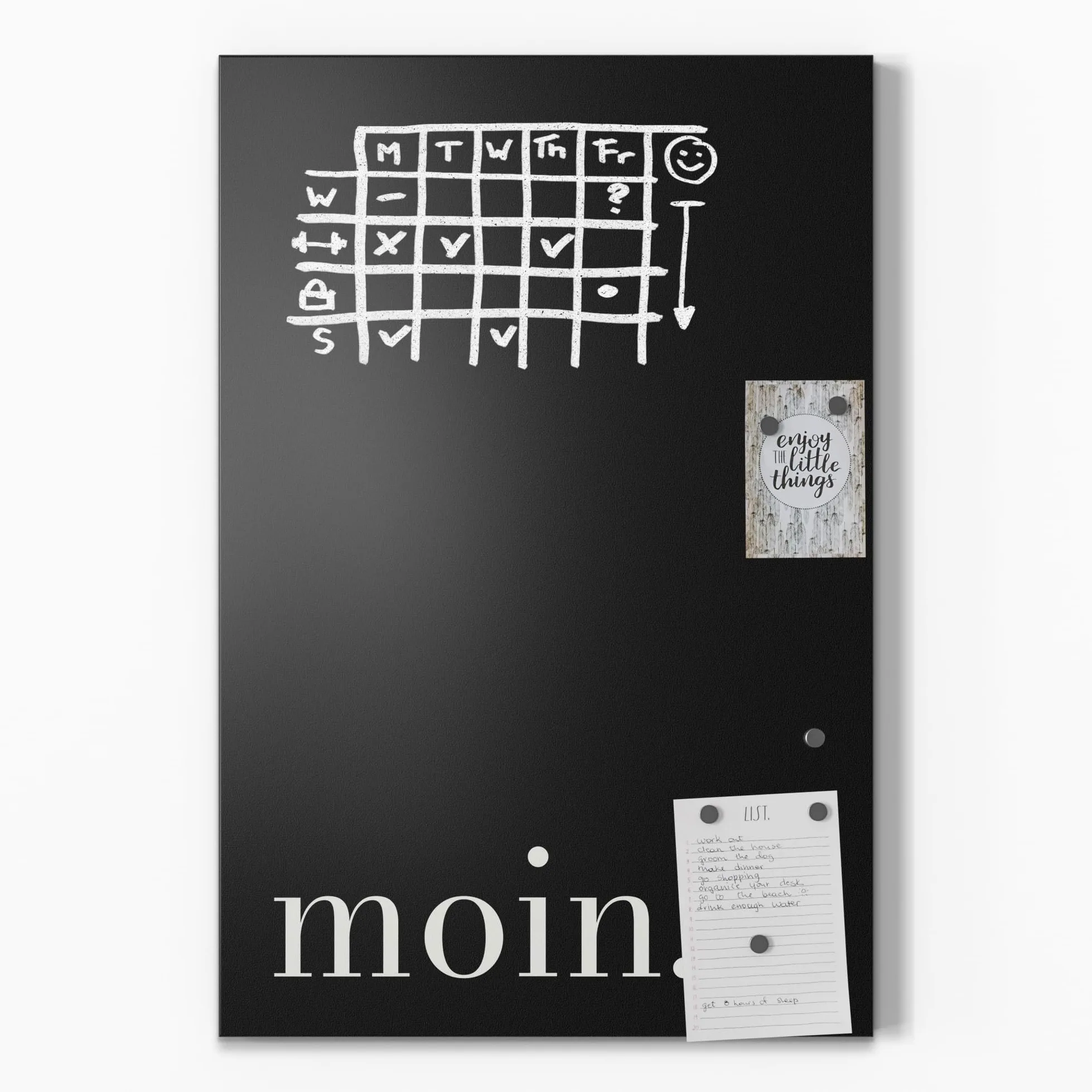 DEQORI Lavagna magnetica con stampa UV, motivo "Moin – Scritta | Design rettangolare 40 x 60 cm | Lavagna in metallo a gesso scrivibile – Decorazione da parete per cucina, corridoio, cameretta dei