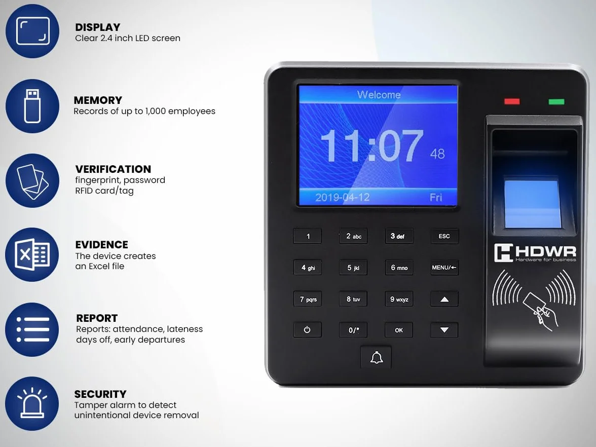 HDWR CTR10 Macchina di Registrazione, Sistema Avanzato di Rilevazione delle Presenze - Biometrico, RFID, Verifica con Password - 1000 Dipendenti, Controllo degli Accessi