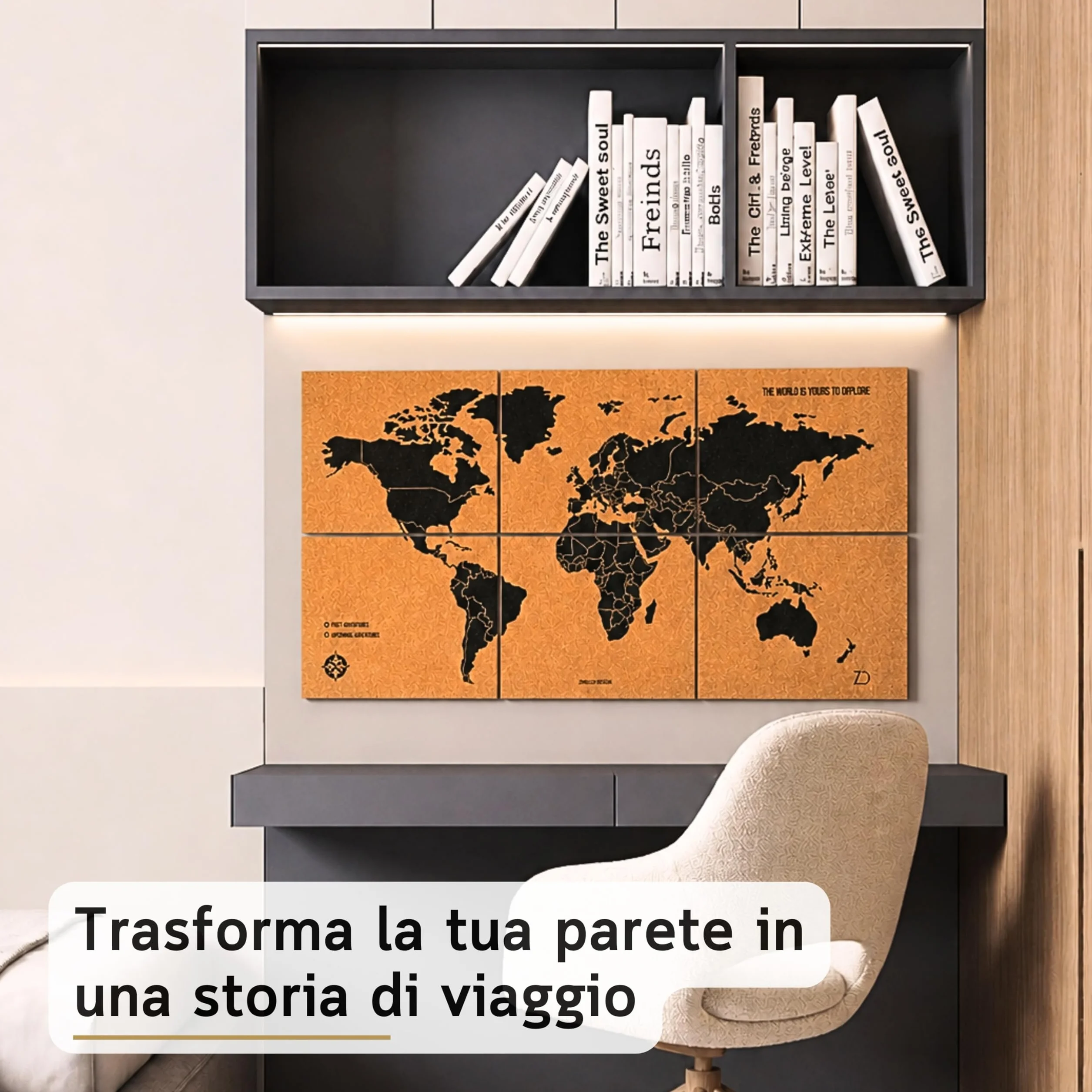 Mappamondo da Parete 90x45 cm – 6 Pannelli Autoadesivi in Sughero – Mappa del Mondo con Puntine – Planisfero Segna Viaggi – 60 Puntine Incluse