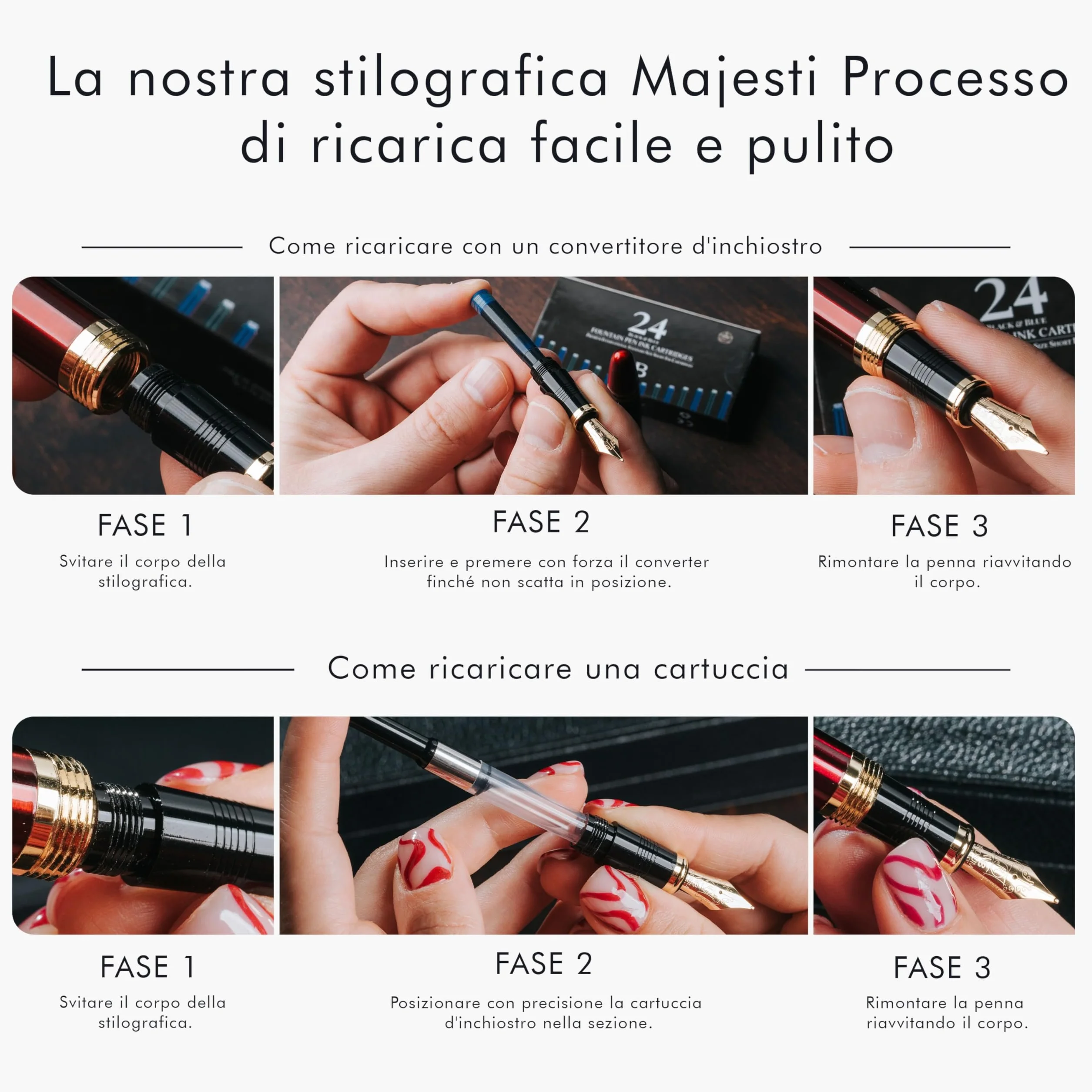 Wordsworth & Black Set di penne stilografiche Majesti [Oro Nero]; pennino medio, scatola regalo, 24 cartucce di inchiostro, convertitore di ricarica, manuale; agenda, set calligrafia