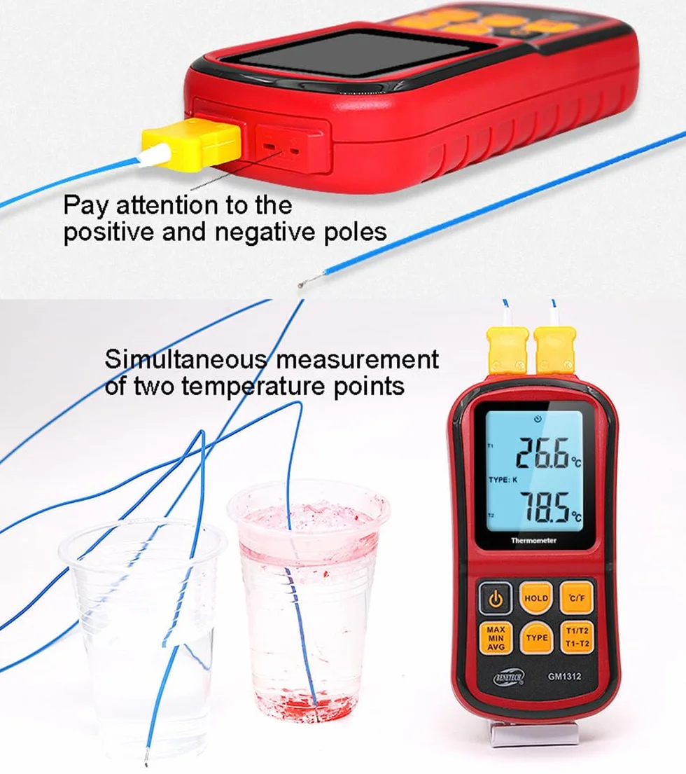 ThreeH Termometro digitale a doppio canale LCD retroilluminato con sonde termocoppia tipo K per K/J/T/E/R/S/N