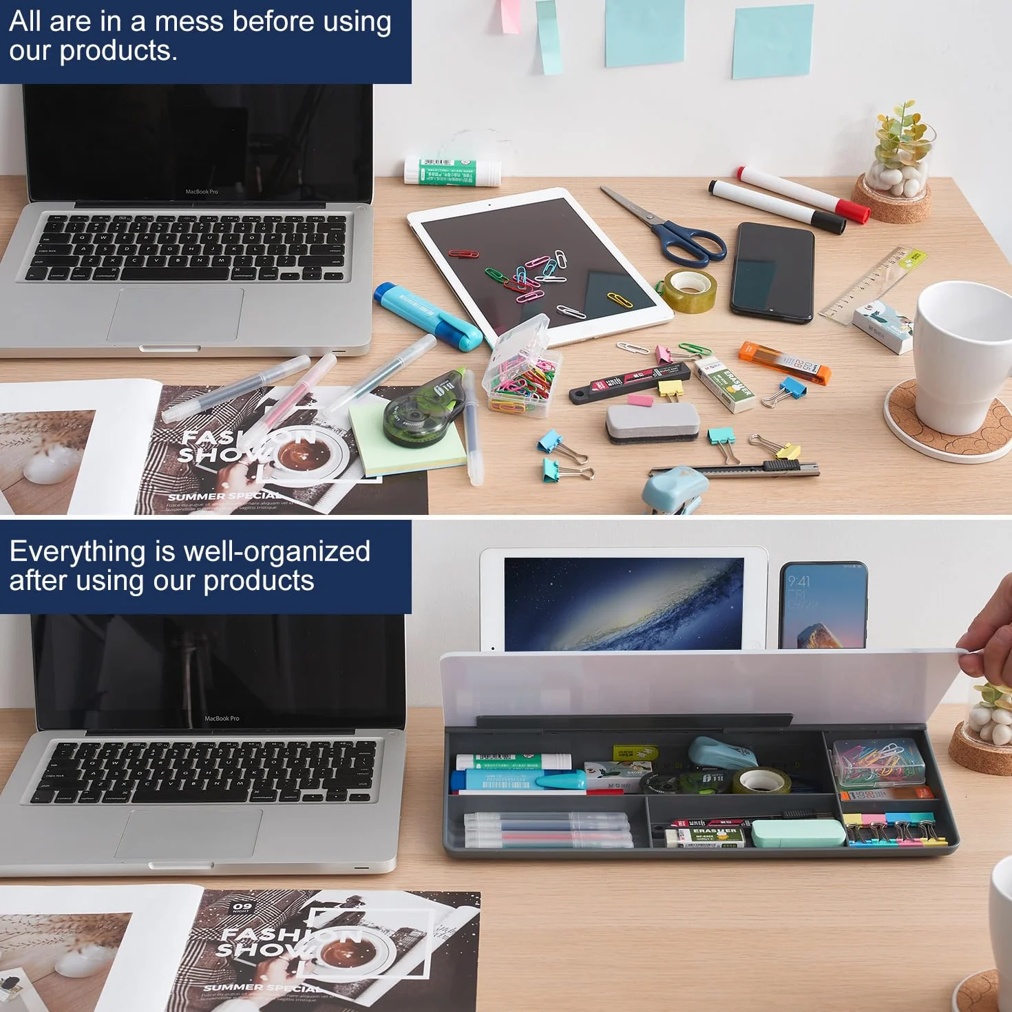 Lavagna bianca da scrivania in vetro, cancellabile a secco, supporto per tastiera del computer, con cassetto, organizer da scrivania con accessori per ufficio, casa, scuola