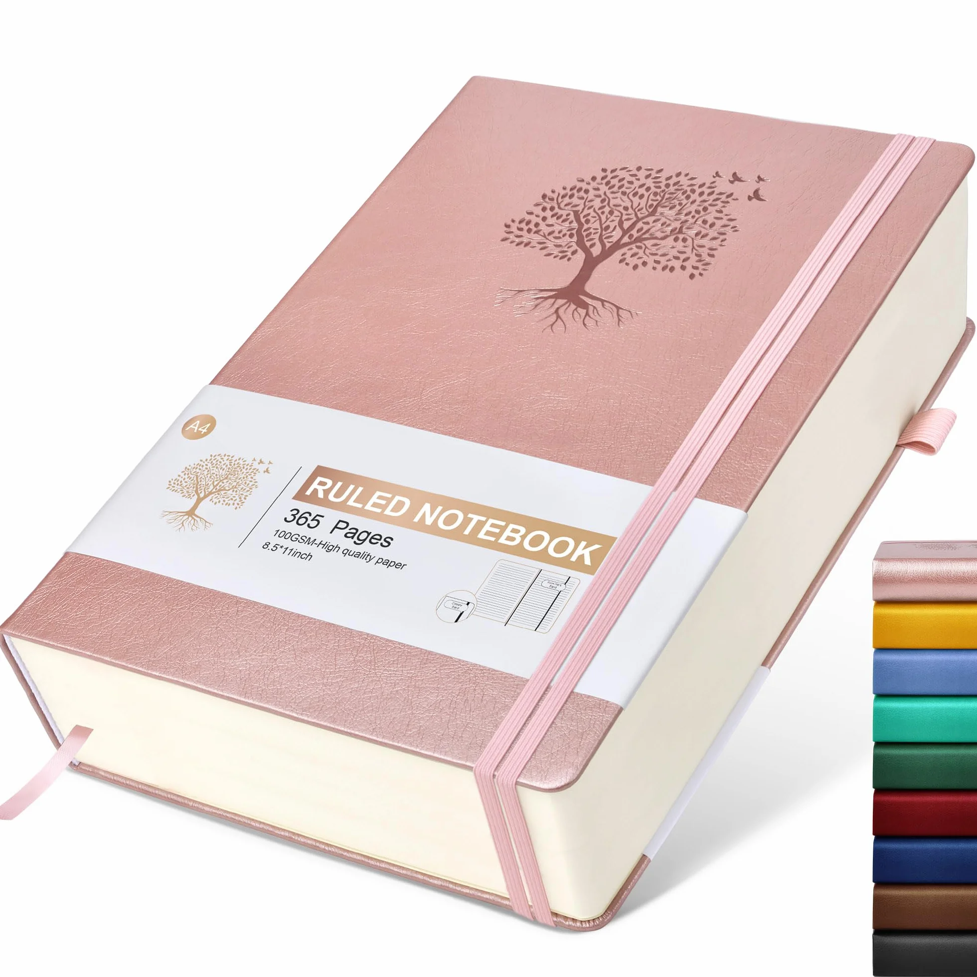 Diario a righe, 365 pagine, formato A4, grande, per scrivere quaderni a righe, con copertina rigida in pelle rosa, per donne e uomini, quaderno per lavoro, prendere appunti, carta spessa 100 g/m²