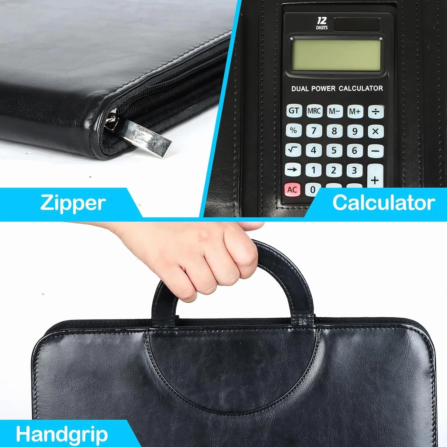 Cartella Portadocumenti A4 in Pelle con Calcolatrice e Cerniera, Portablocchi Organizer – Nero