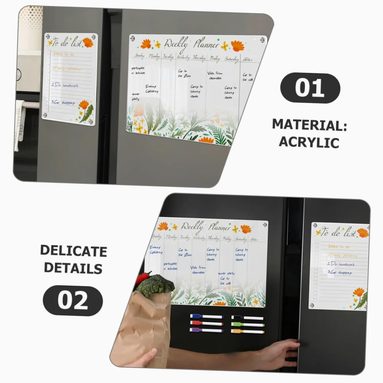 Calendario Magnetico Cancellabile Settimanale per Frigorifero in Acrilico Portatile Promemoria e Condivisione Programmi, 8 Pezzi Assortiti per Uso Domestico